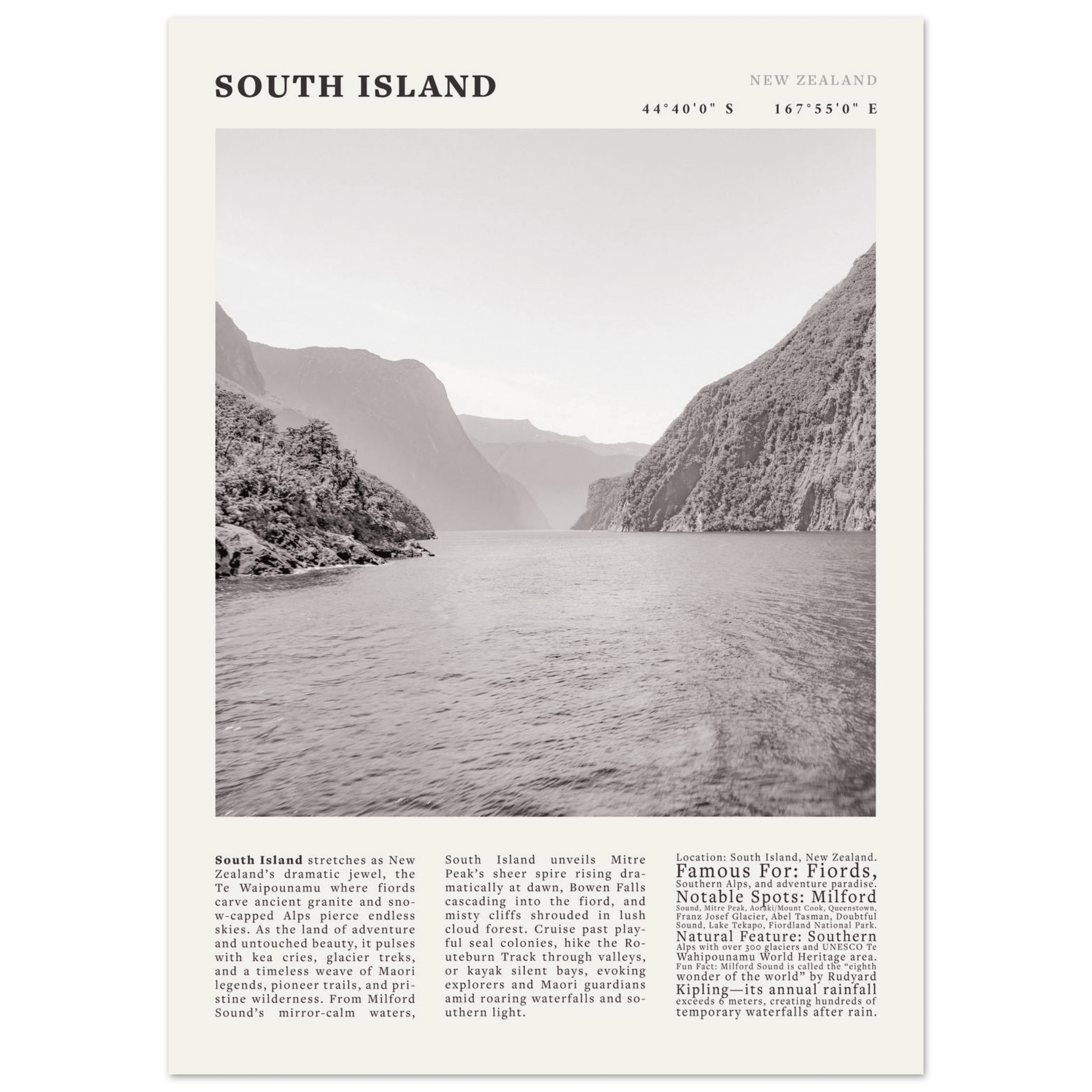 South Island New Zealand Poster Black and White – Vintage Milford Sound Fjord Print - Evergreen Posters