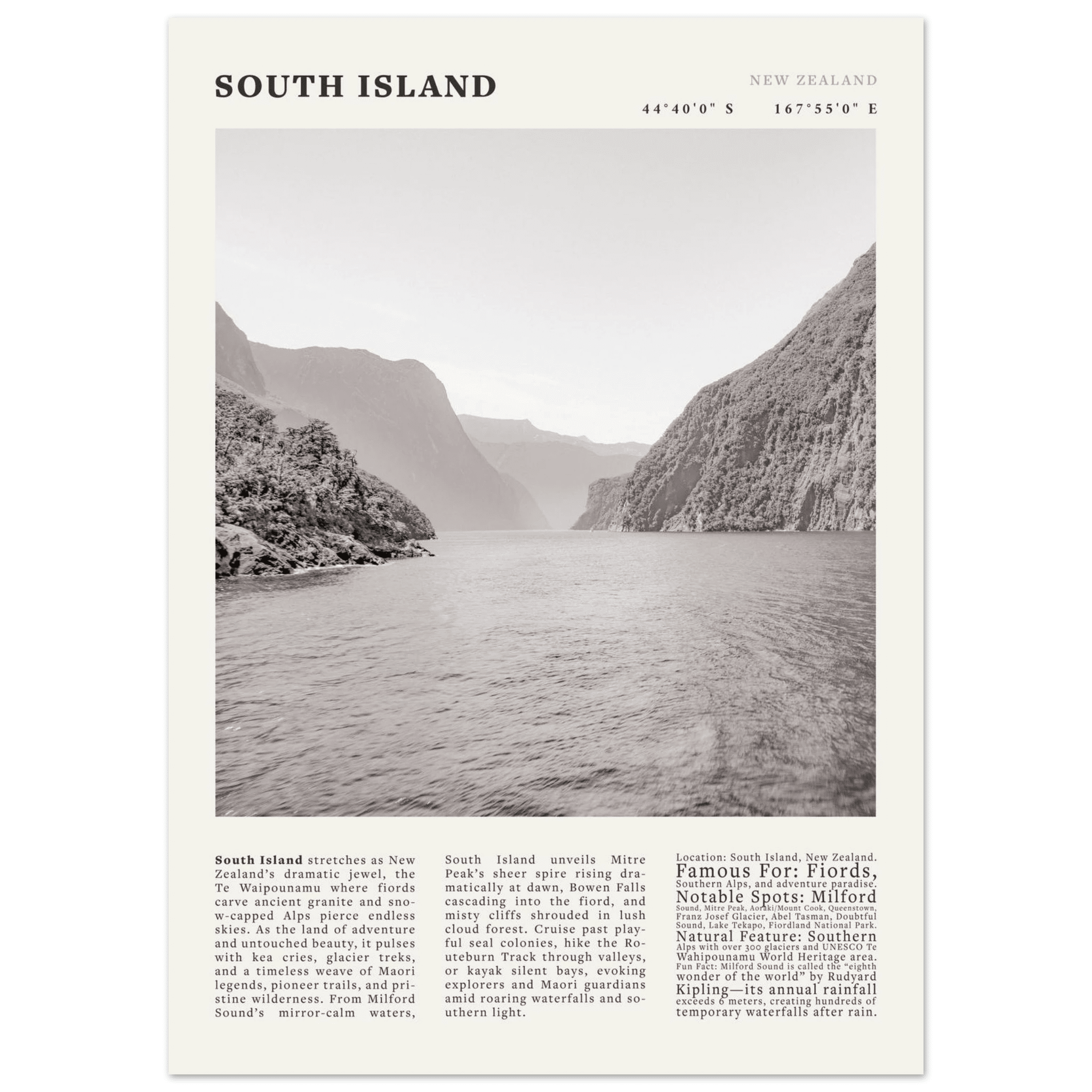 South Island New Zealand Poster Black and White – Vintage Milford Sound Fjord Print - Evergreen Posters