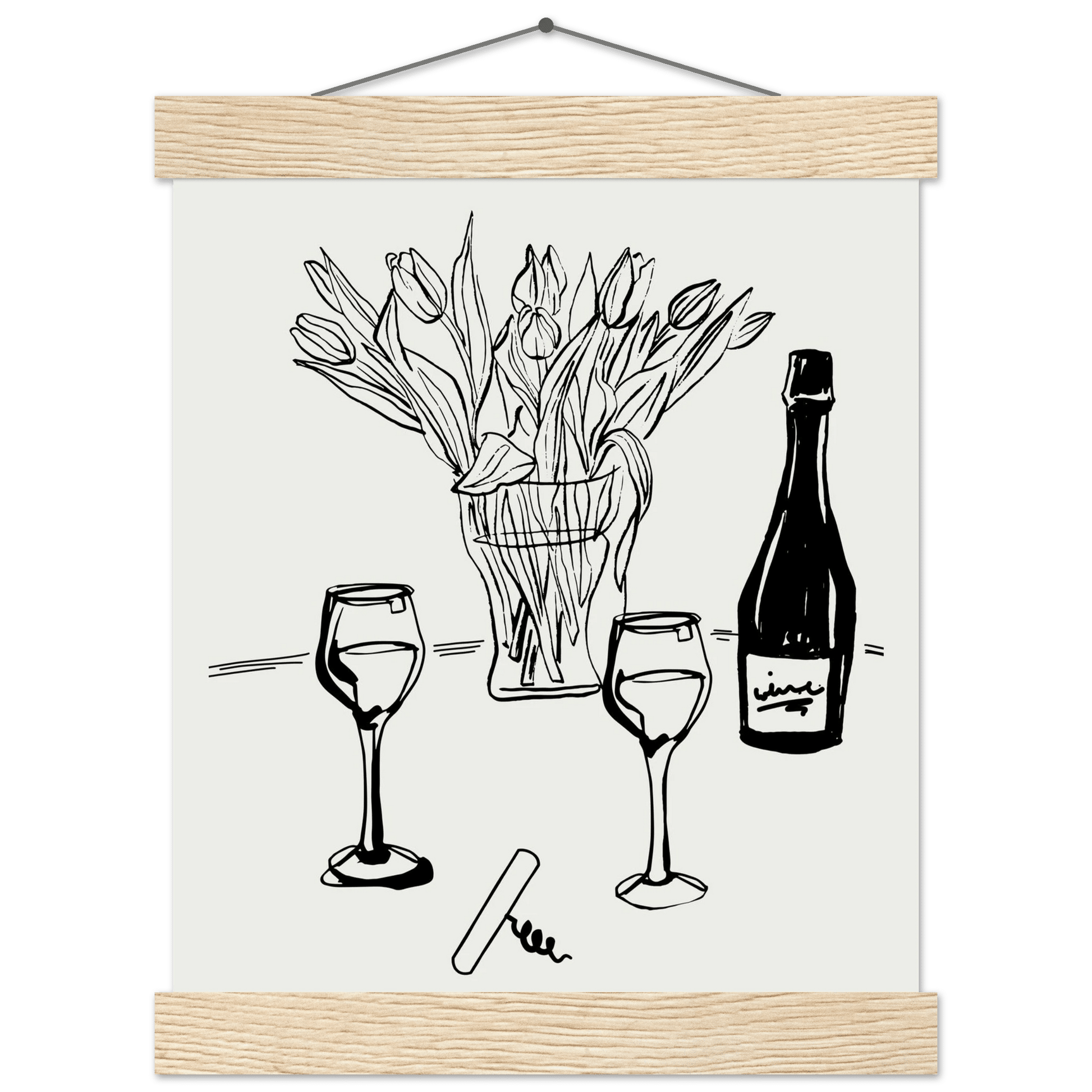 Wine & Tulips Print | Black Line Art Wine Bottle Wall Art | Minimalist Kitchen Poster - Evergreen Posters