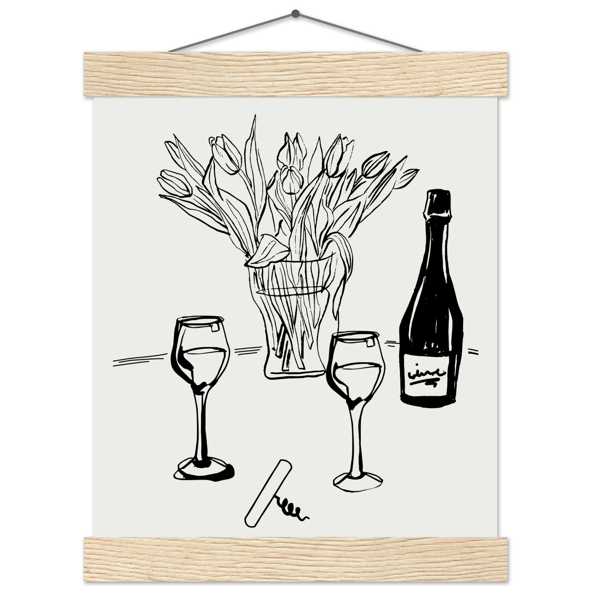 Wine & Tulips Print | Black Line Art Wine Bottle Wall Art | Minimalist Kitchen Poster - Evergreen Posters