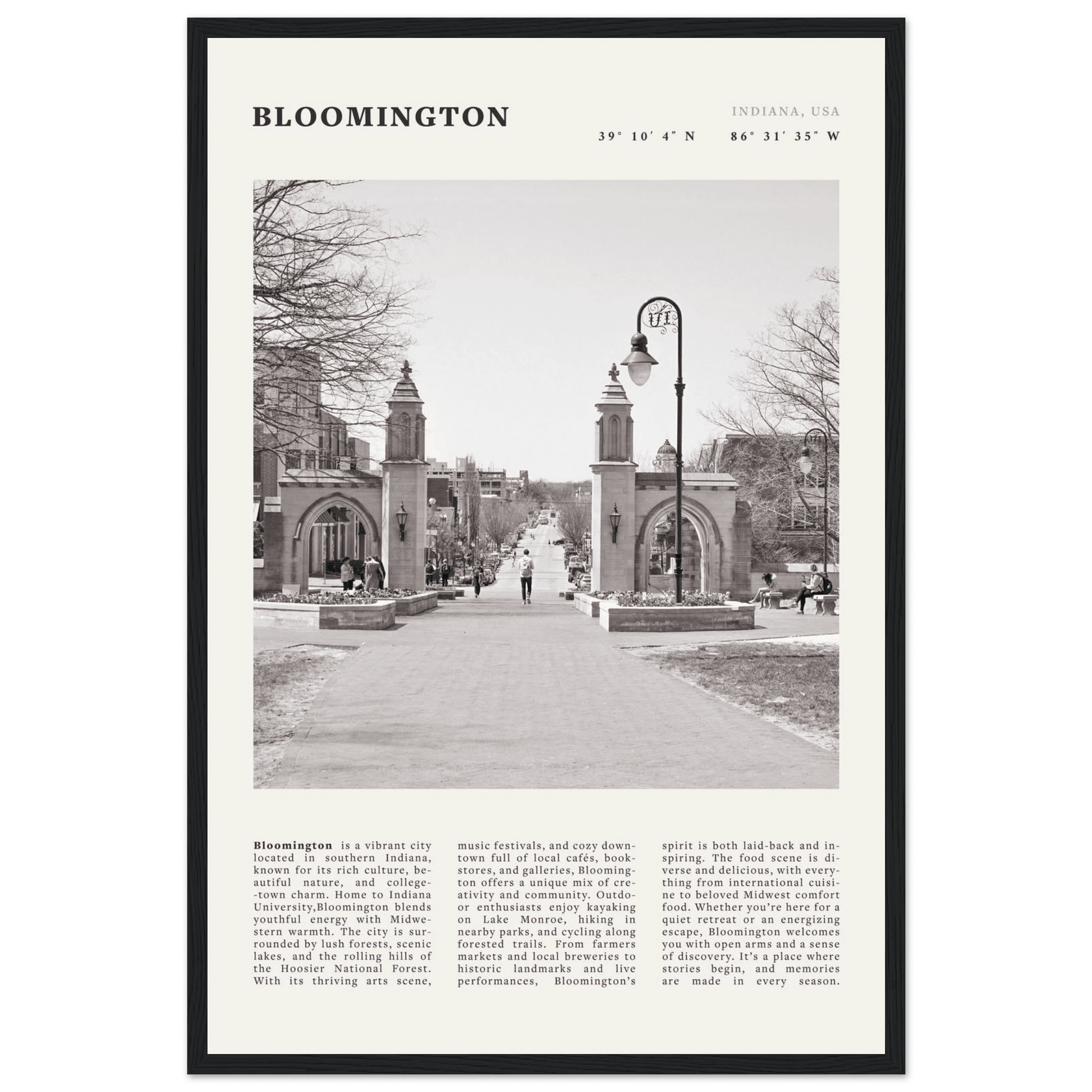 Bloomington Indiana Black and White Vintage Poster - Evergreen Posters