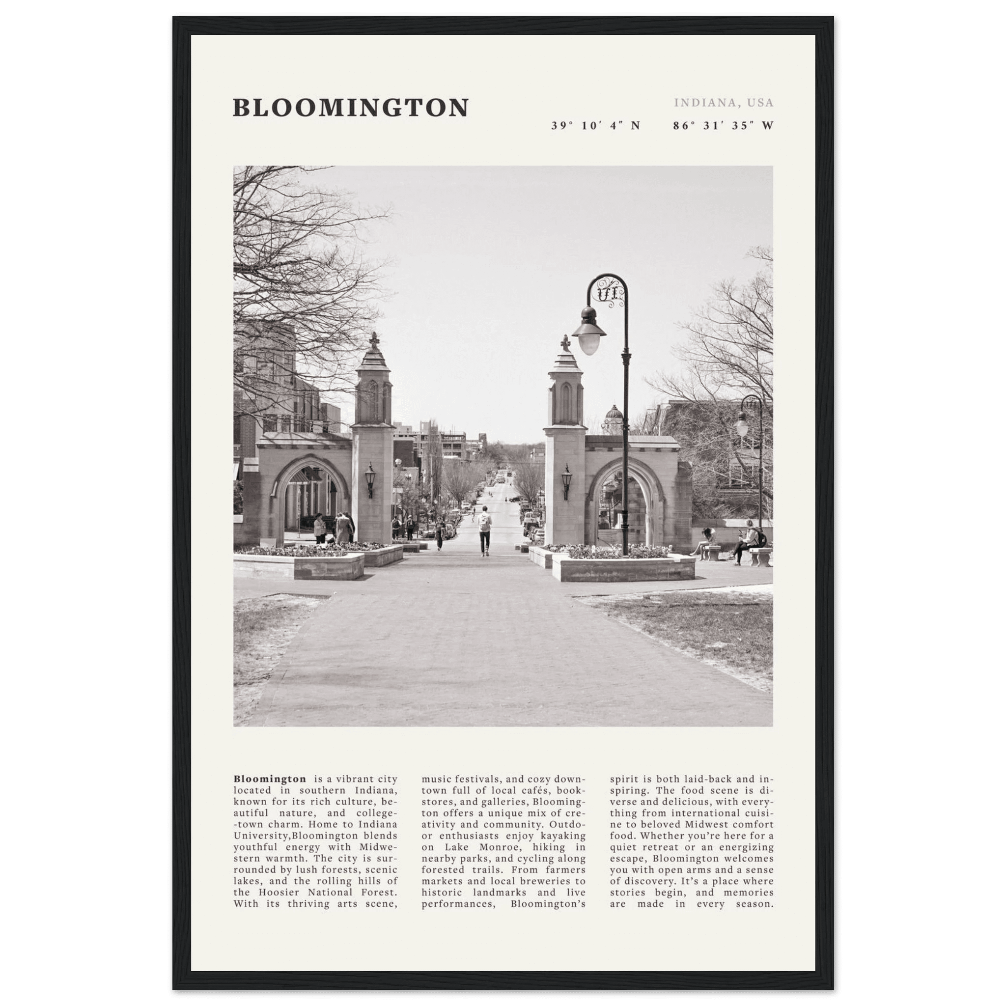 Bloomington Indiana Black and White Vintage Poster - Evergreen Posters