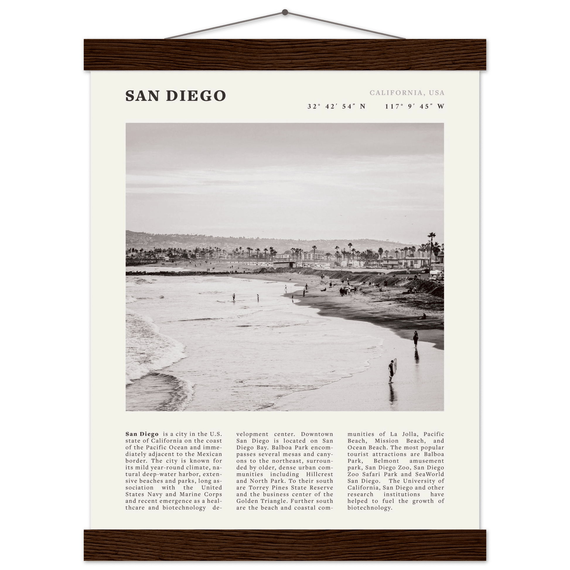 San Diego Poster | Black & White California Beach Wall Art | Coastal Travel Print Decor - Evergreen Posters