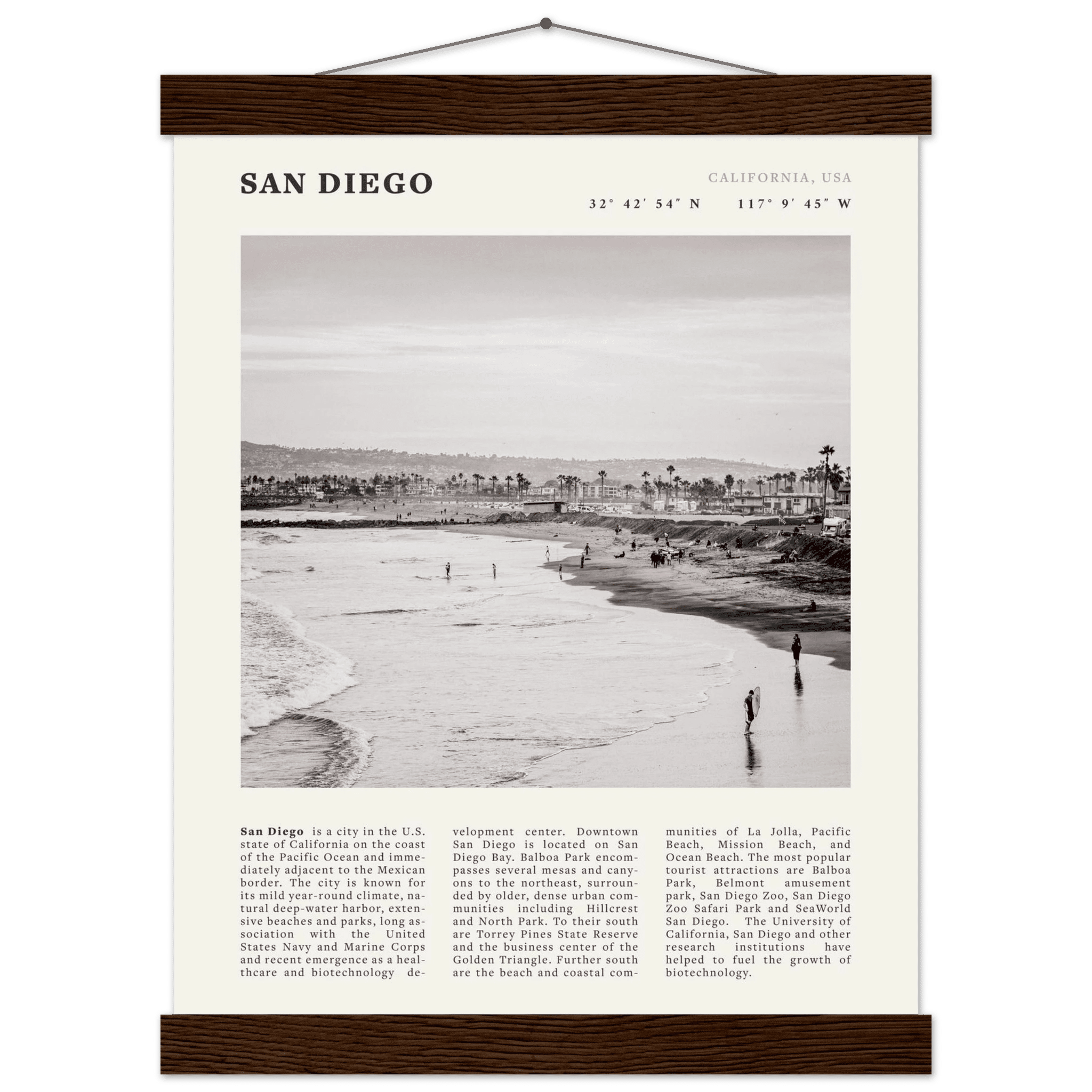 San Diego Poster | Black & White California Beach Wall Art | Coastal Travel Print Decor - Evergreen Posters