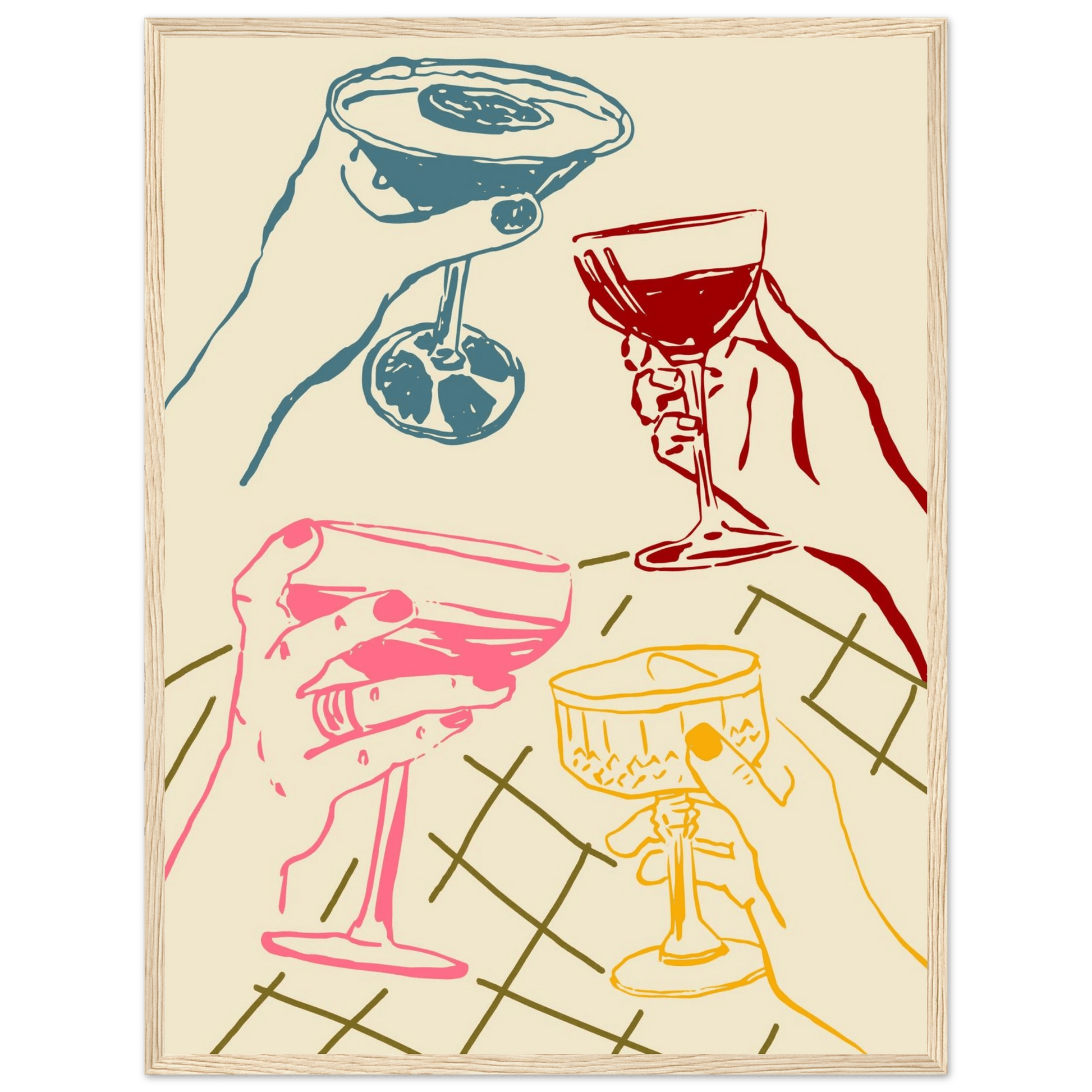 Cheers Print | Colourful Cocktail Glasses Wall Art | Kitchen Bar Poster - Evergreen Posters