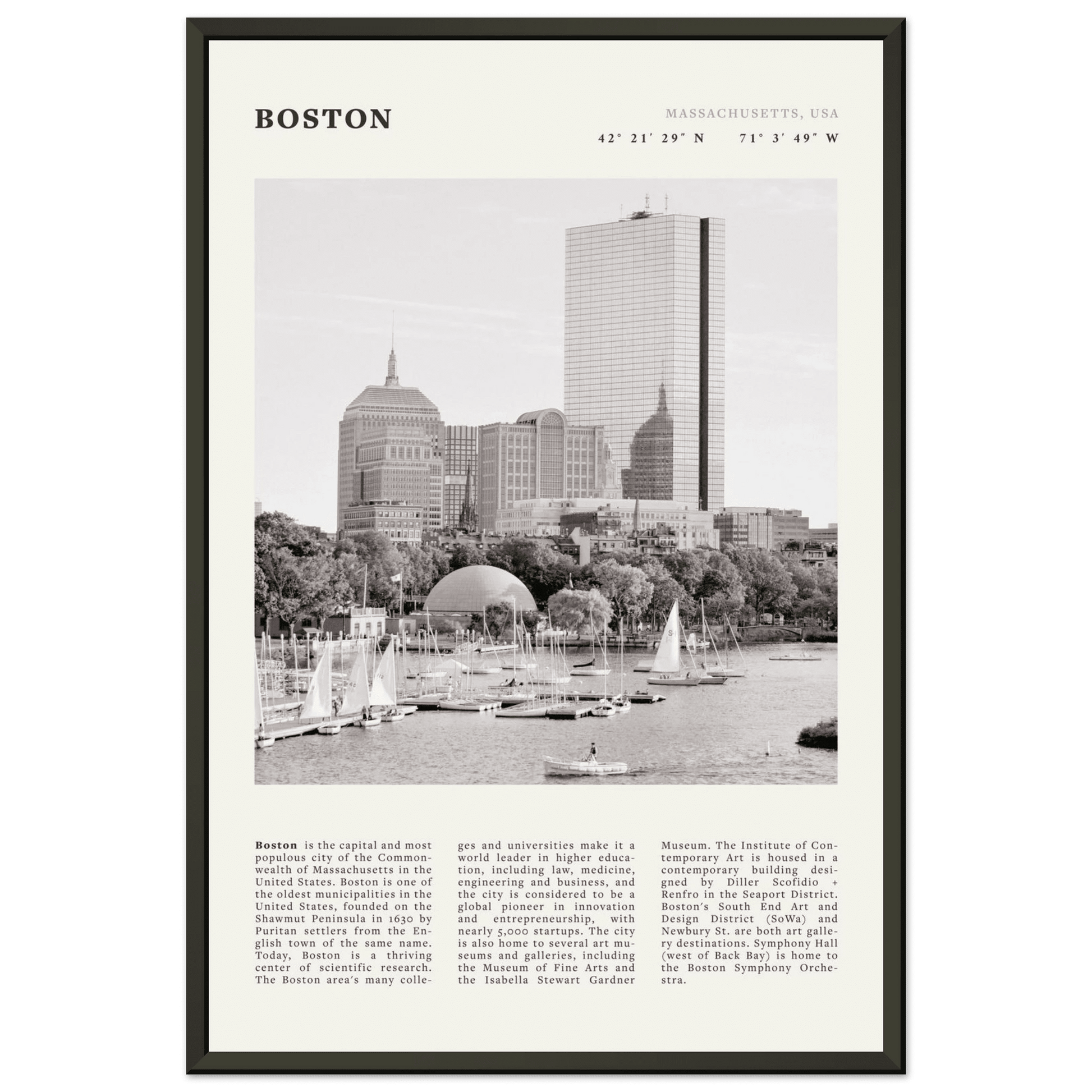 Boston Poster | Black & White Charles River Skyline Wall Art | Massachusetts Print - Evergreen Posters
