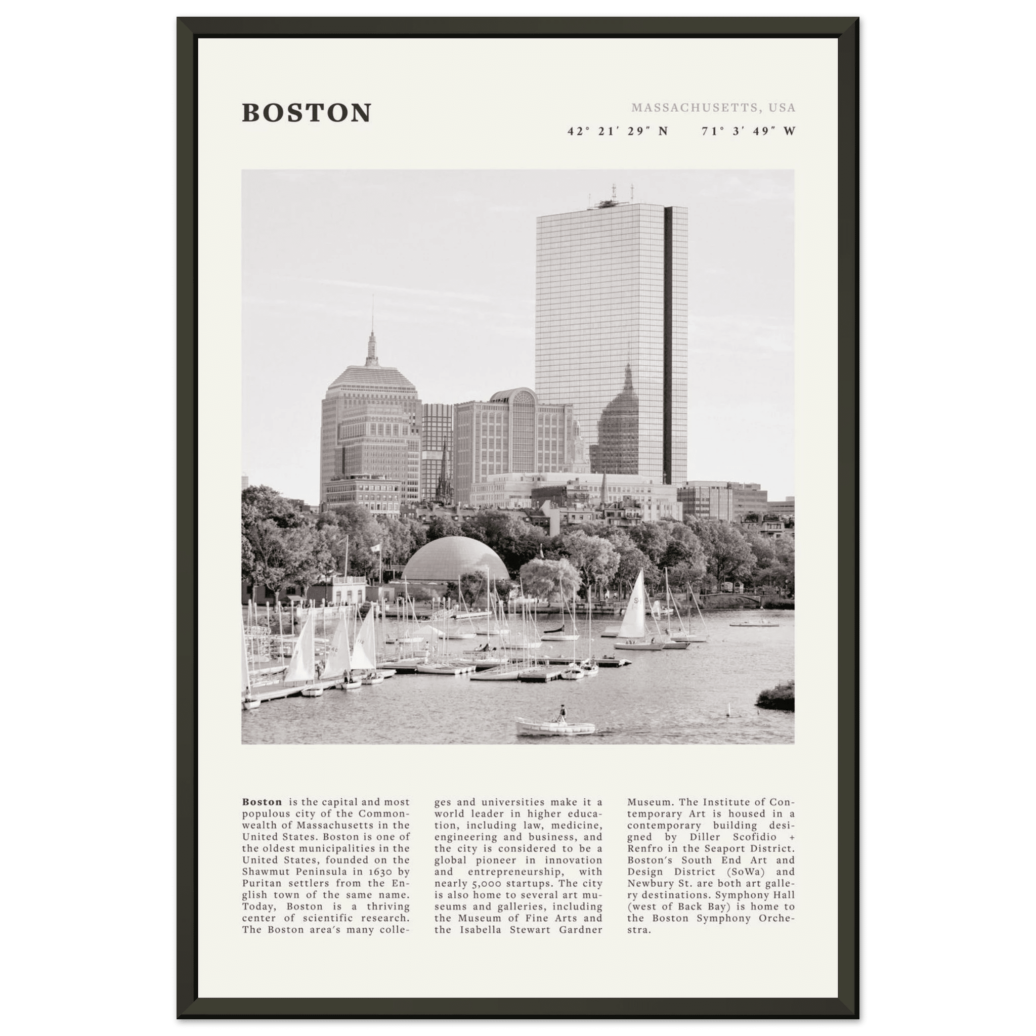 Boston Poster | Black & White Charles River Skyline Wall Art | Massachusetts Print - Evergreen Posters