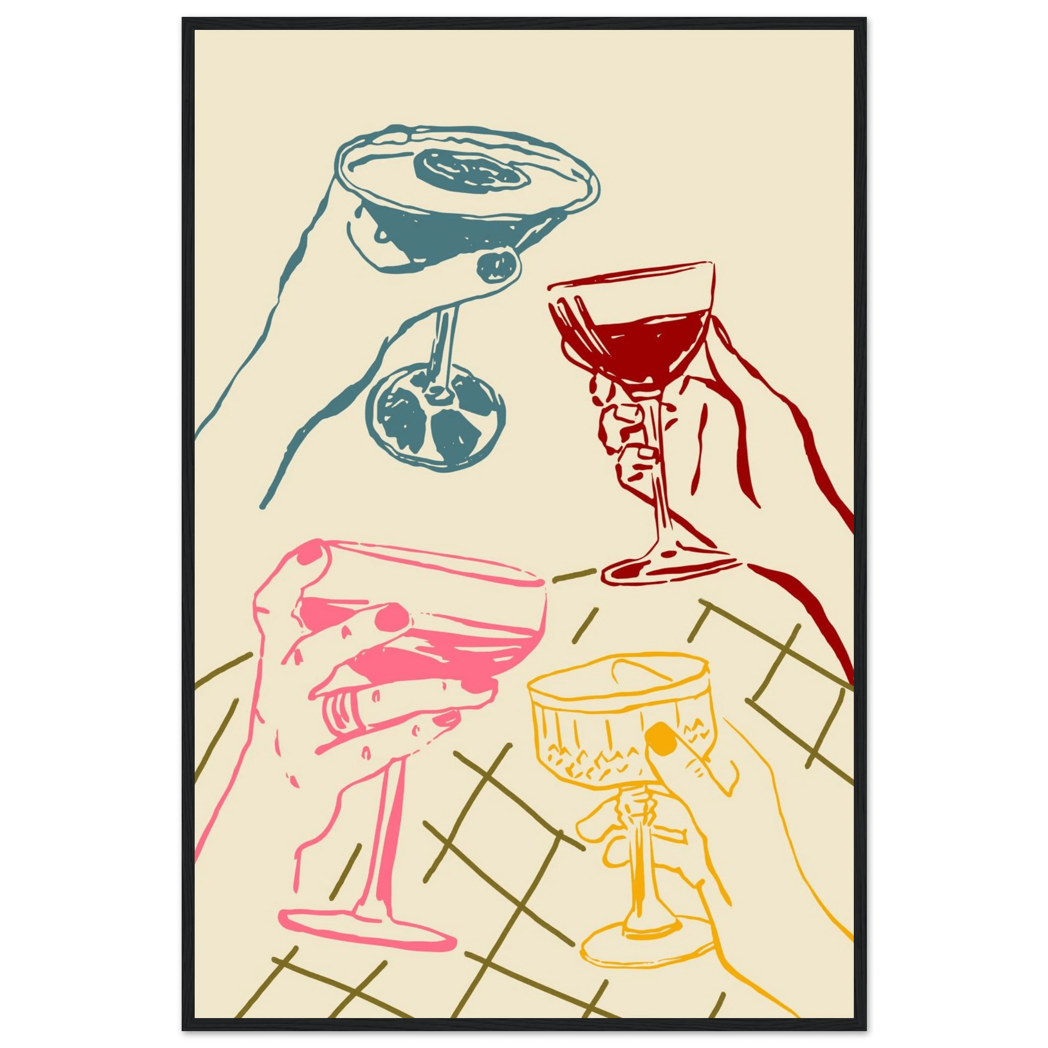 Cheers Print | Colourful Cocktail Glasses Wall Art | Kitchen Bar Poster - Evergreen Posters