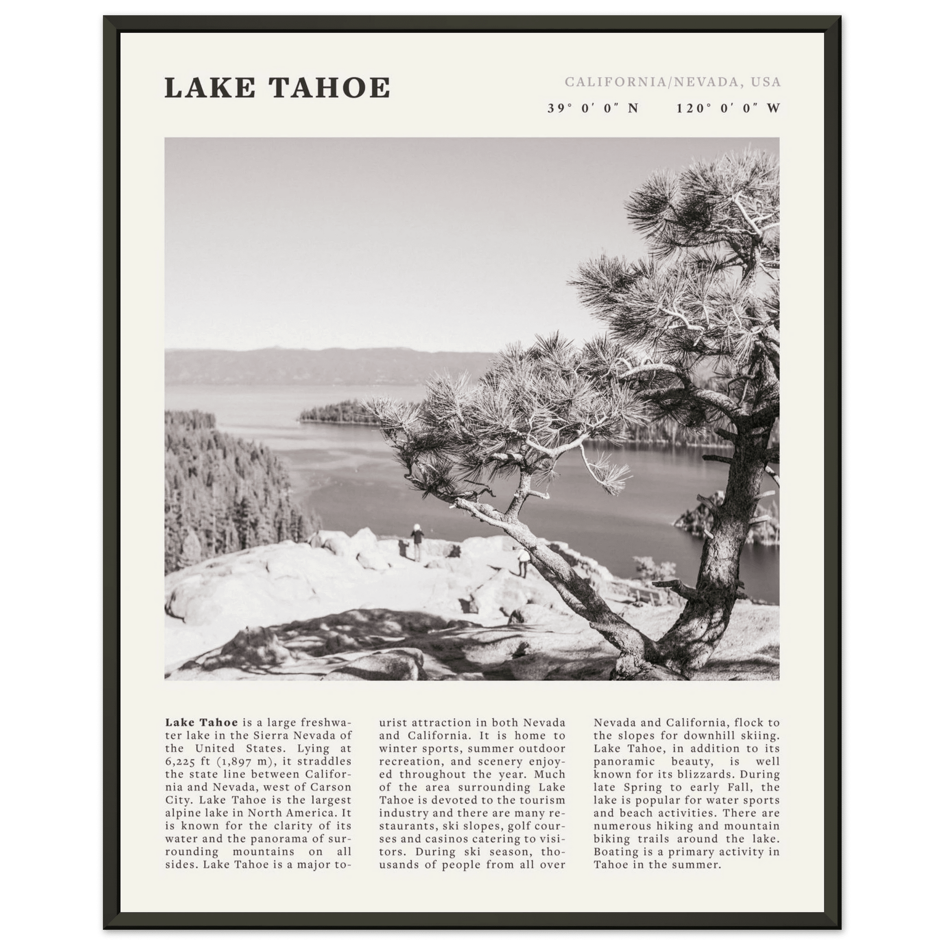 Lake Tahoe Poster | Black & White California Nevada Wall Art | Nature Travel Print Decor - Evergreen Posters