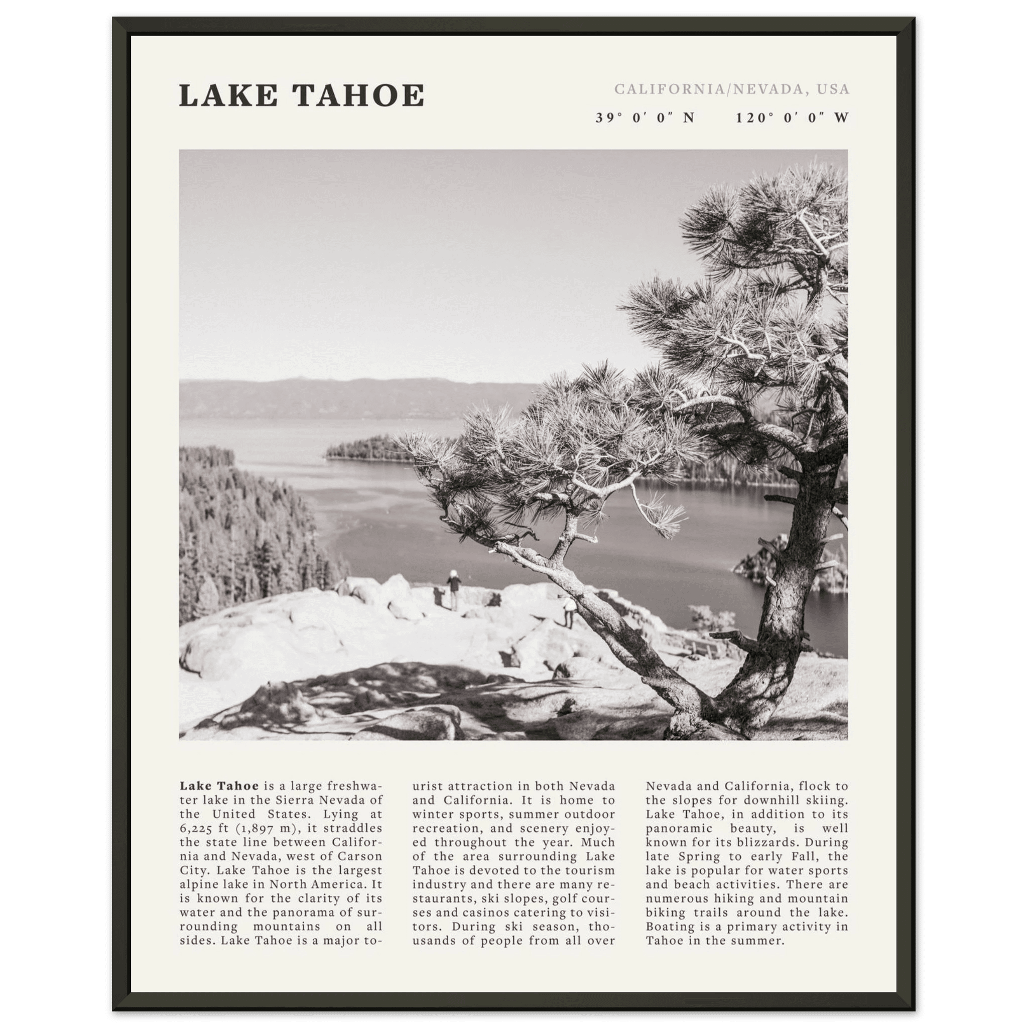Lake Tahoe Poster | Black & White California Nevada Wall Art | Nature Travel Print Decor - Evergreen Posters