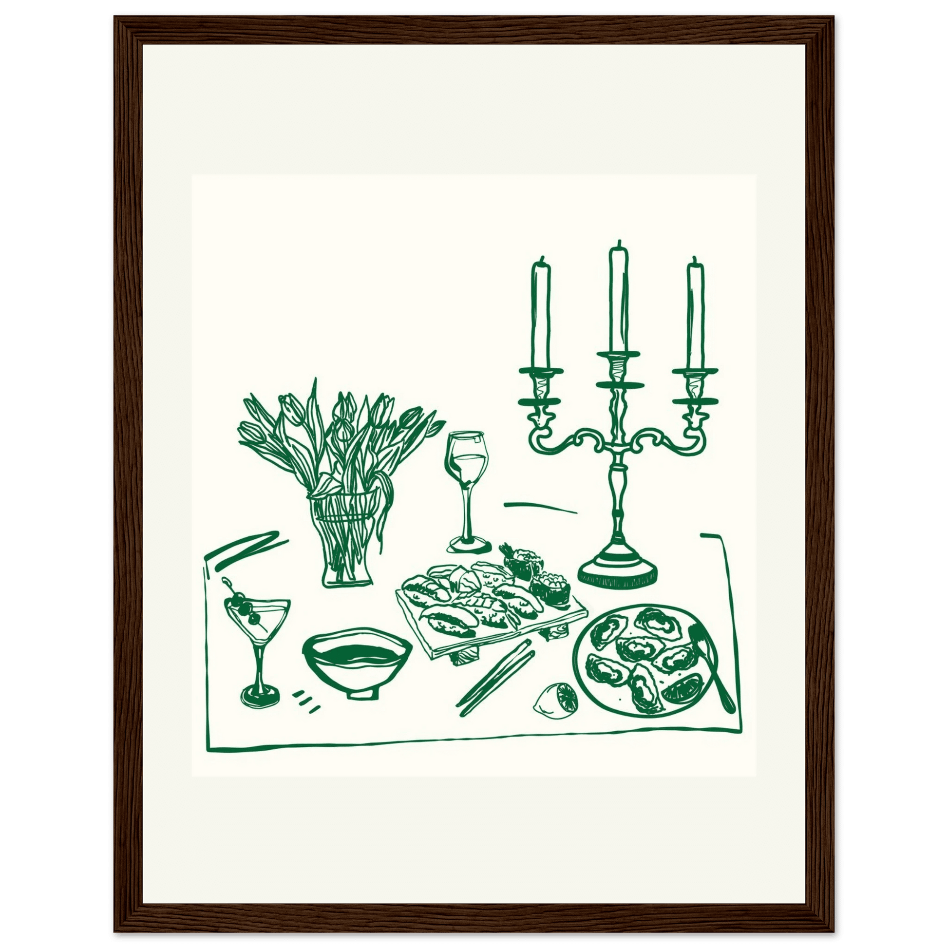 Fine Dining Table Print | Green Line Art Kitchen Wall Art | Elegant Dining Room Poster - Evergreen Posters
