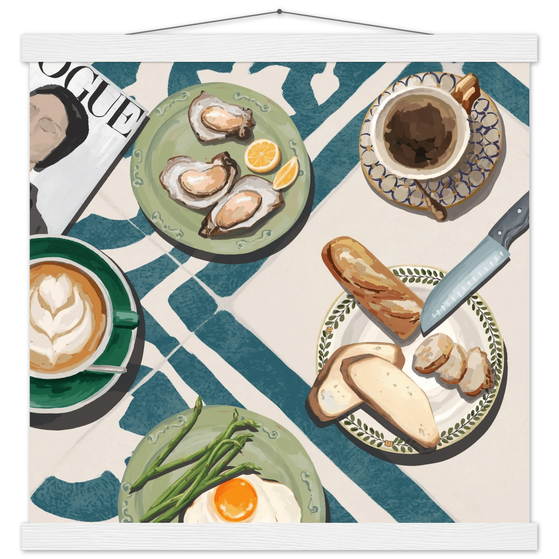 Oysters & Vogue Brunch Poster | Luxury Kitchen Wall Art | Blue Tile Square Print - Evergreen Posters - 35