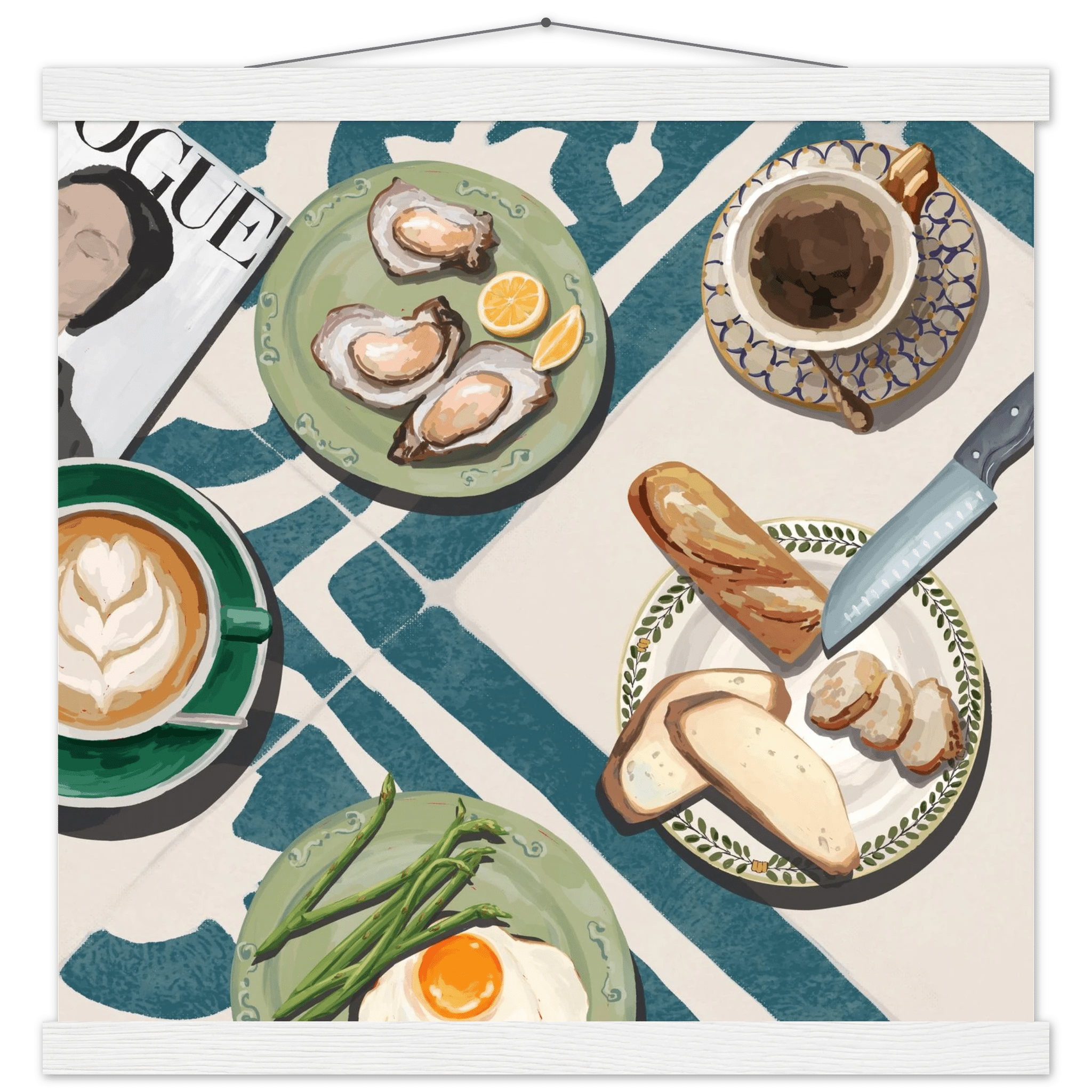 Oysters & Vogue Brunch Poster | Luxury Kitchen Wall Art | Blue Tile Square Print - Evergreen Posters - 35