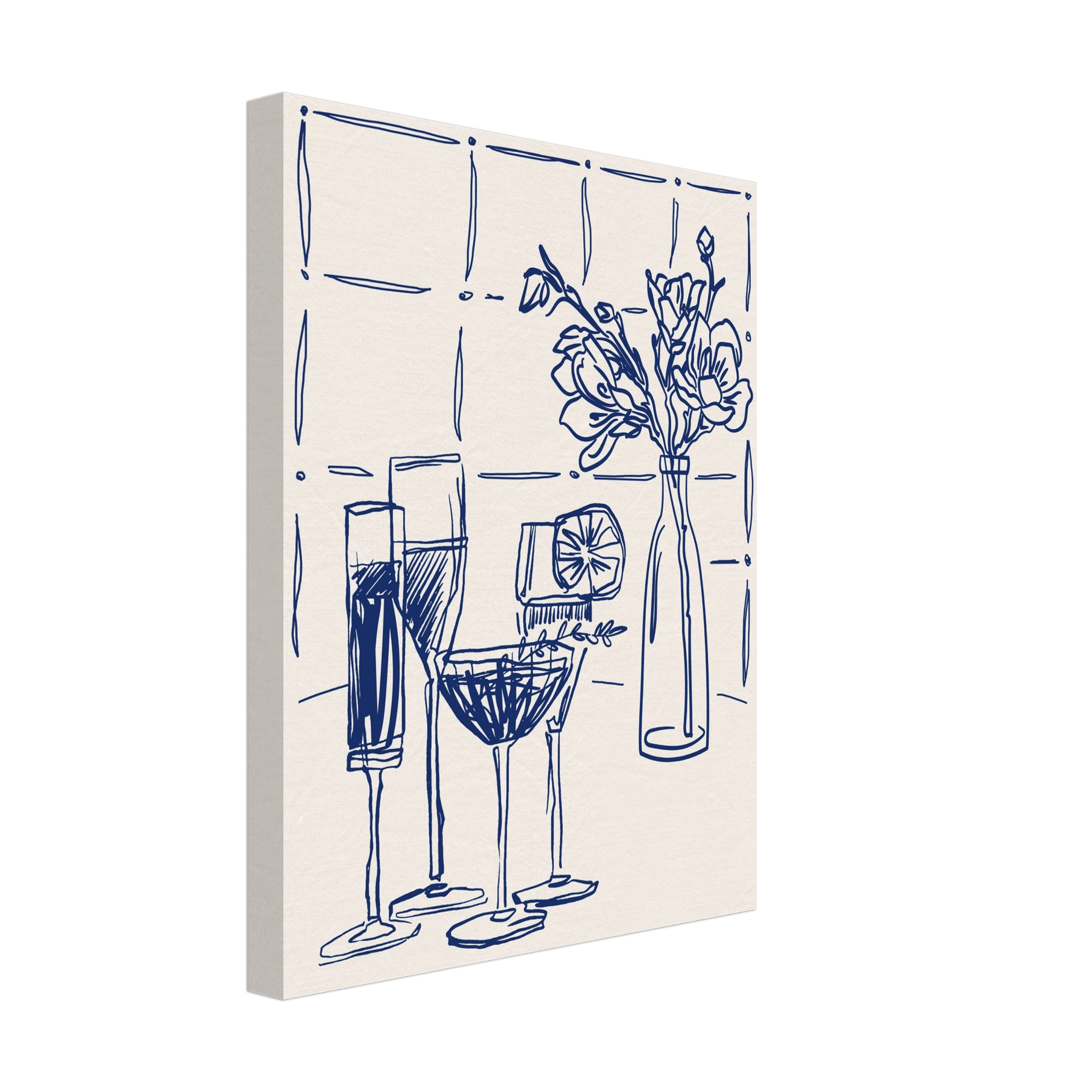 Cocktails & Flowers Print | Navy Blue Line Art Drinks Wall Art | Kitchen Bar Poster - Evergreen Posters