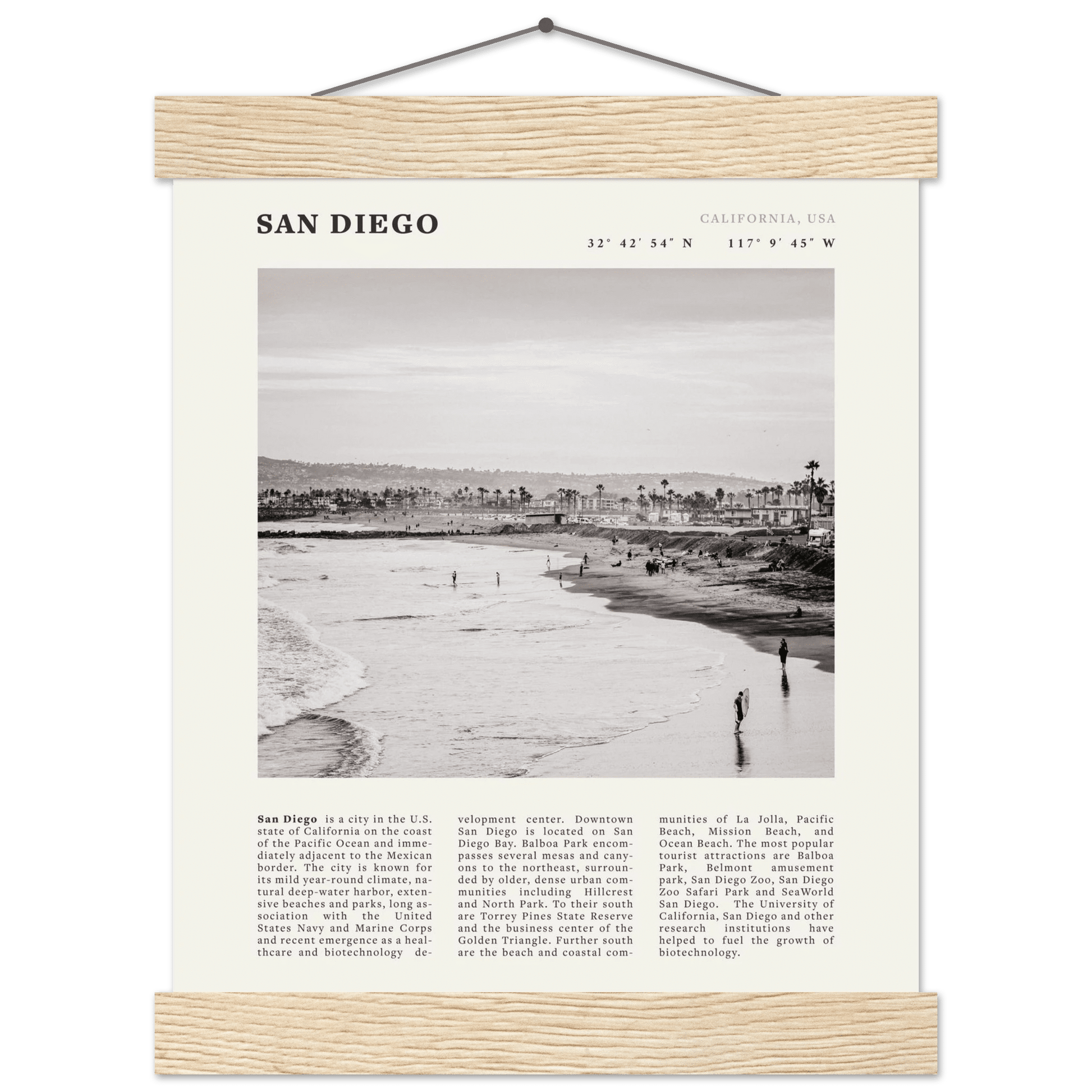 San Diego Poster | Black & White California Beach Wall Art | Coastal Travel Print Decor - Evergreen Posters
