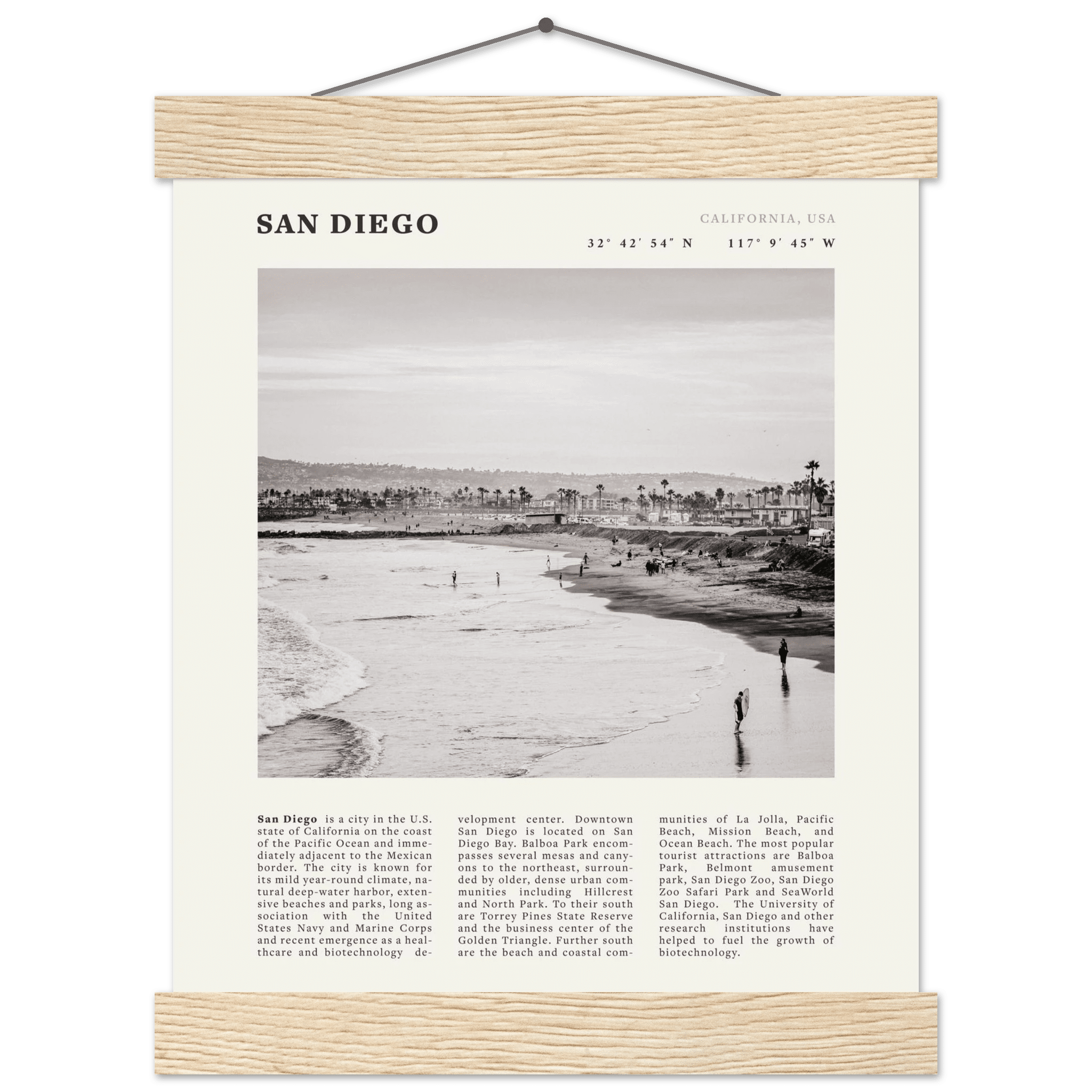 San Diego Poster | Black & White California Beach Wall Art | Coastal Travel Print Decor - Evergreen Posters
