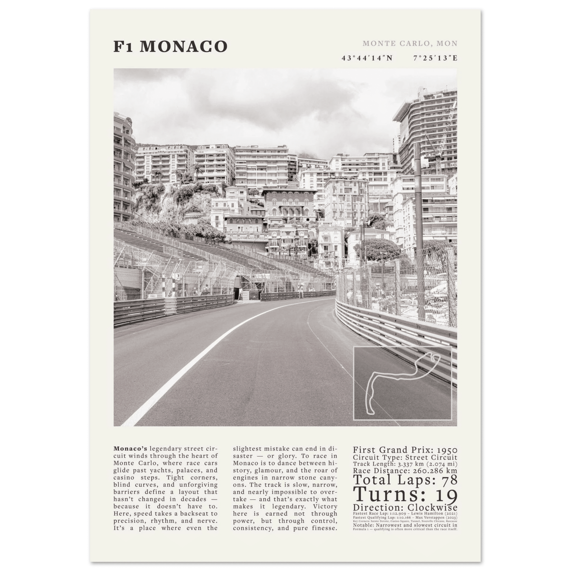 F1 Monaco Poster Black and White – Vintage Monte Carlo Street Circuit Print (Digital & Printed Options) - Evergreen Posters