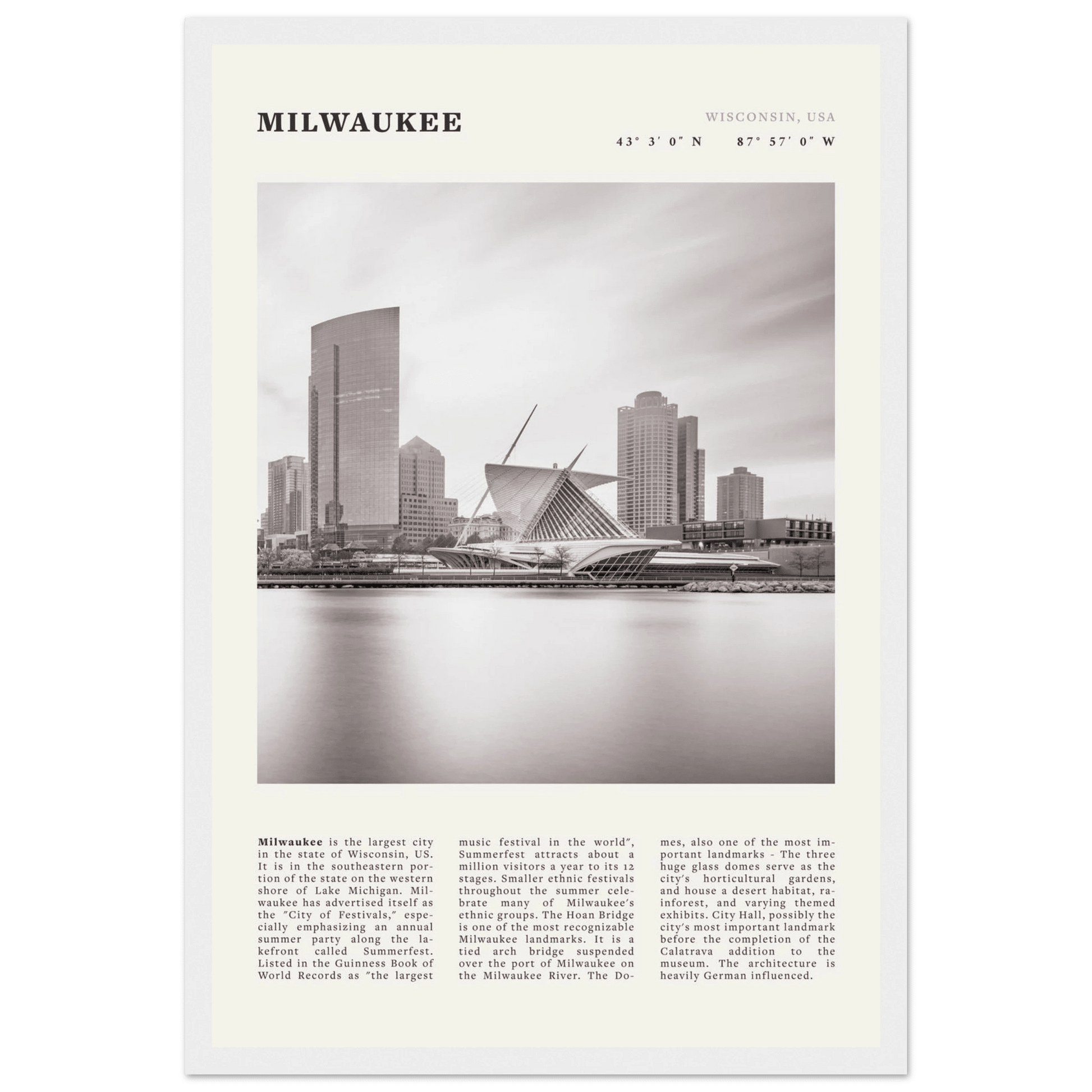 Milwaukee Poster | Black & White Wisconsin City Wall Art | USA Travel Print - Evergreen Posters