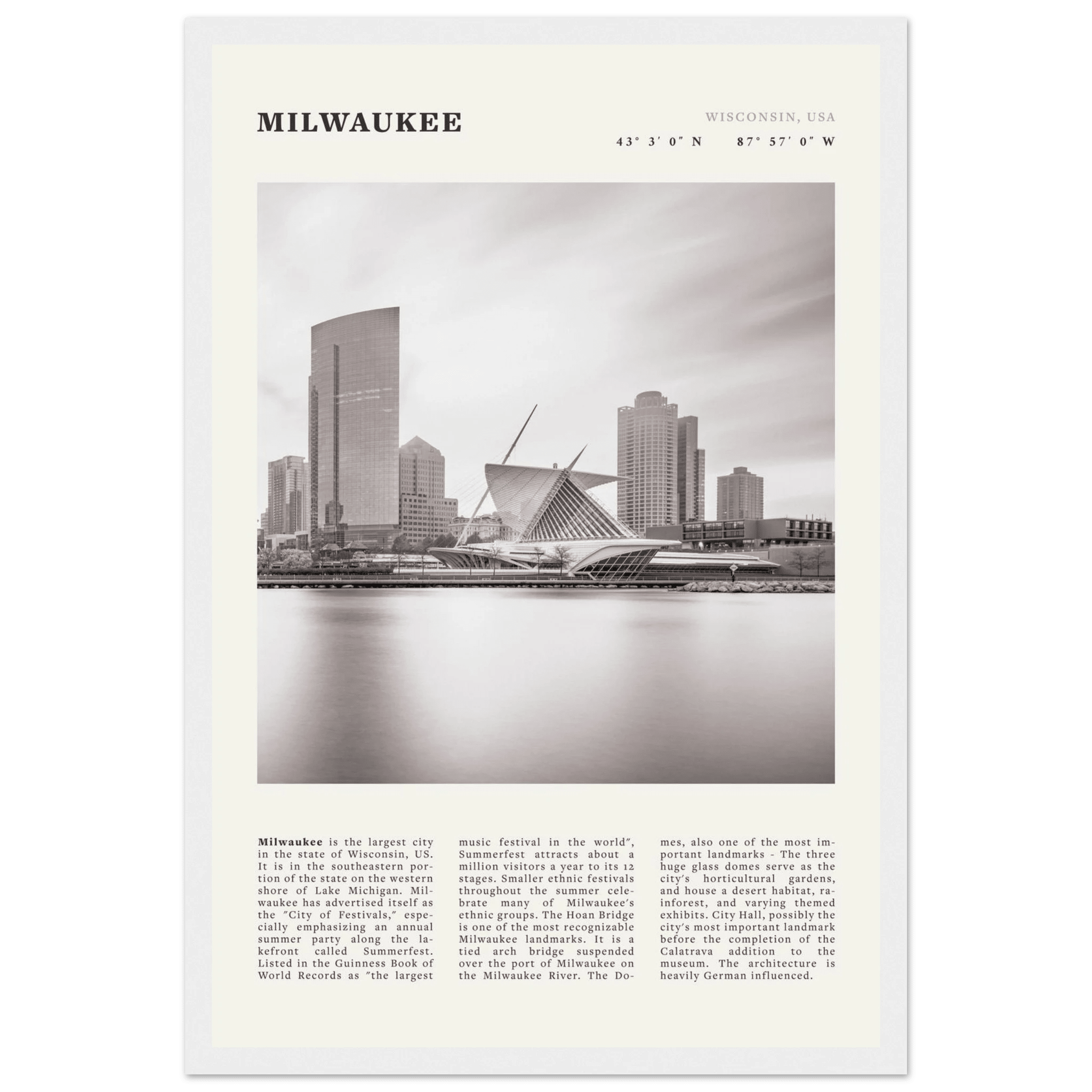 Milwaukee Poster | Black & White Wisconsin City Wall Art | USA Travel Print - Evergreen Posters
