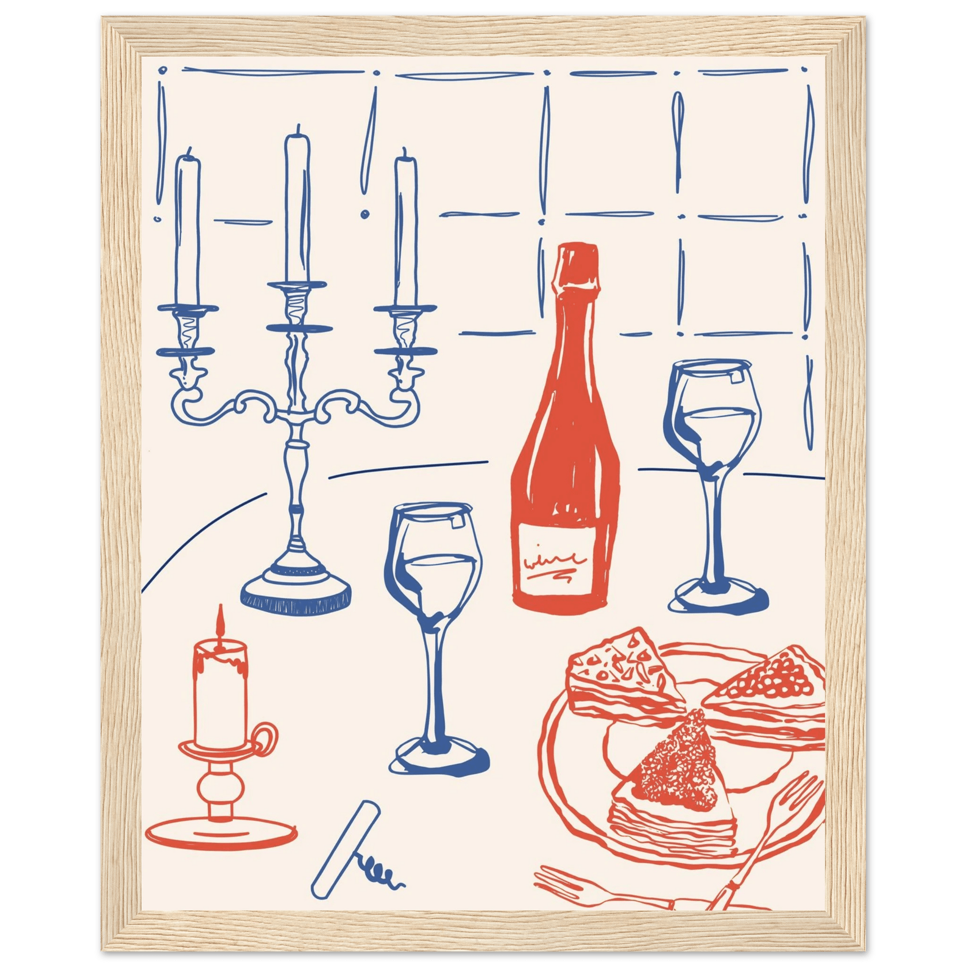 Candlelight Dinner Print | Wine & Candelabra Line Art Wall Art | Kitchen Poster - Evergreen Posters