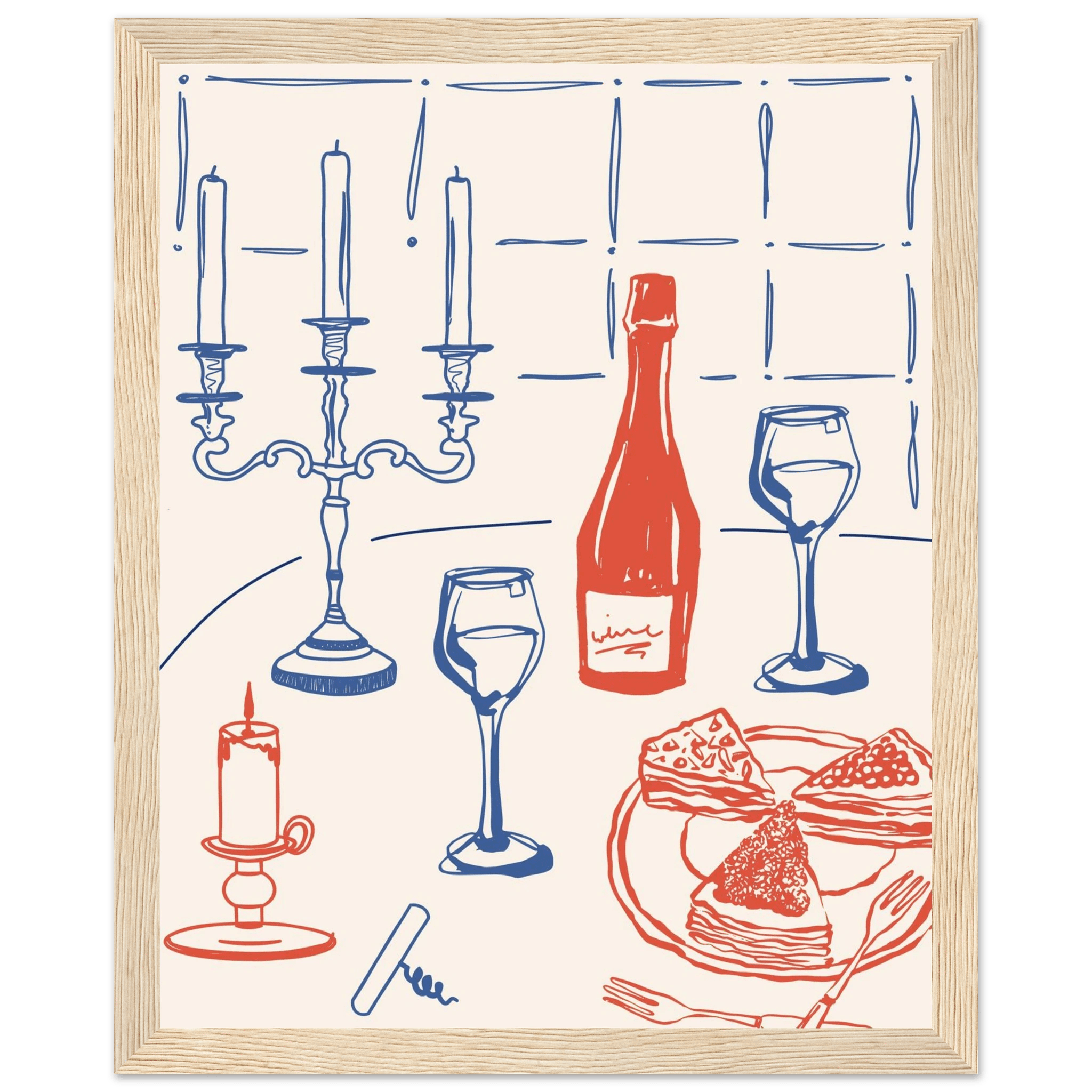 Candlelight Dinner Print | Wine & Candelabra Line Art Wall Art | Kitchen Poster - Evergreen Posters