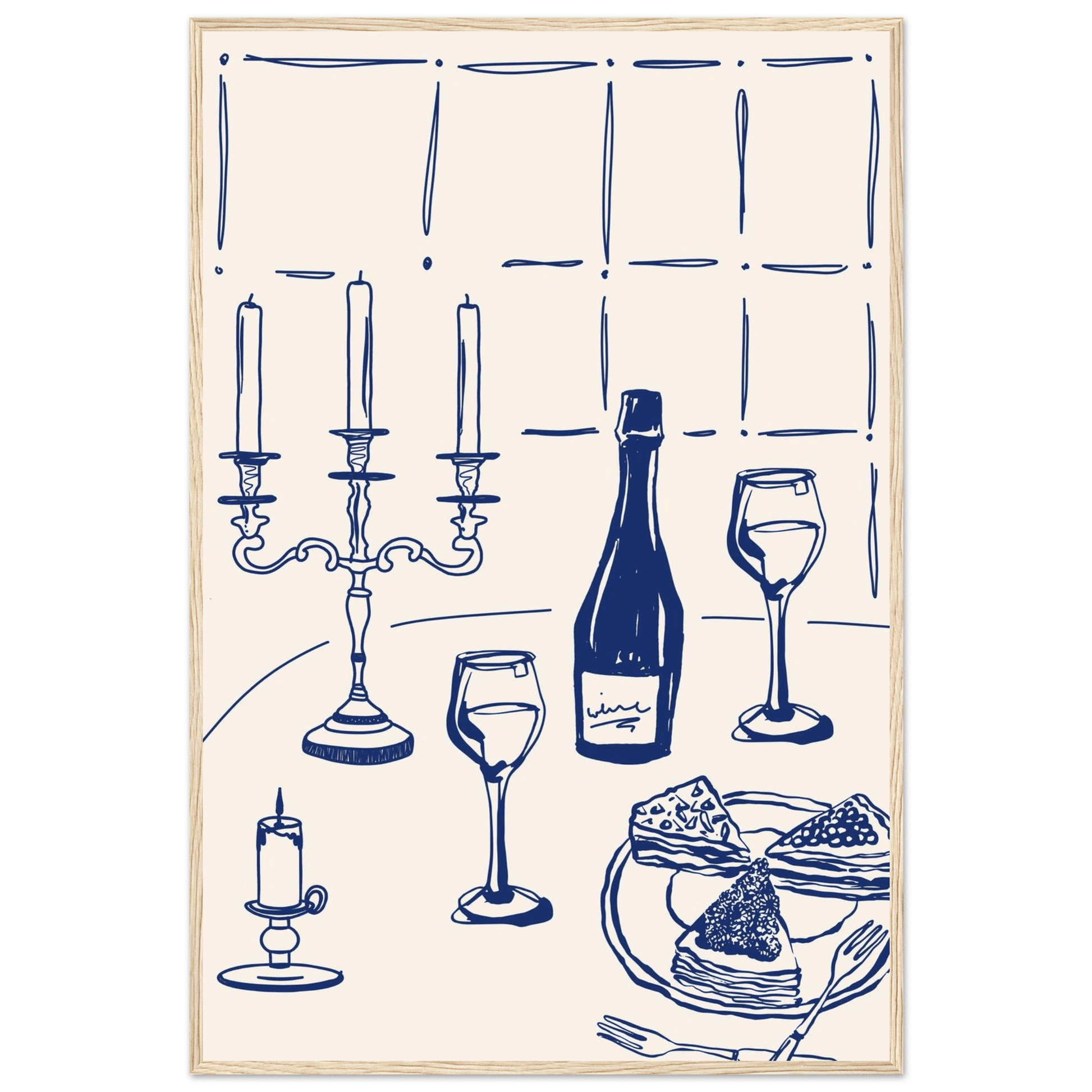 Candlelight Dinner Print | Navy Blue Wine & Candelabra Line Art | Kitchen Poster - Evergreen Posters