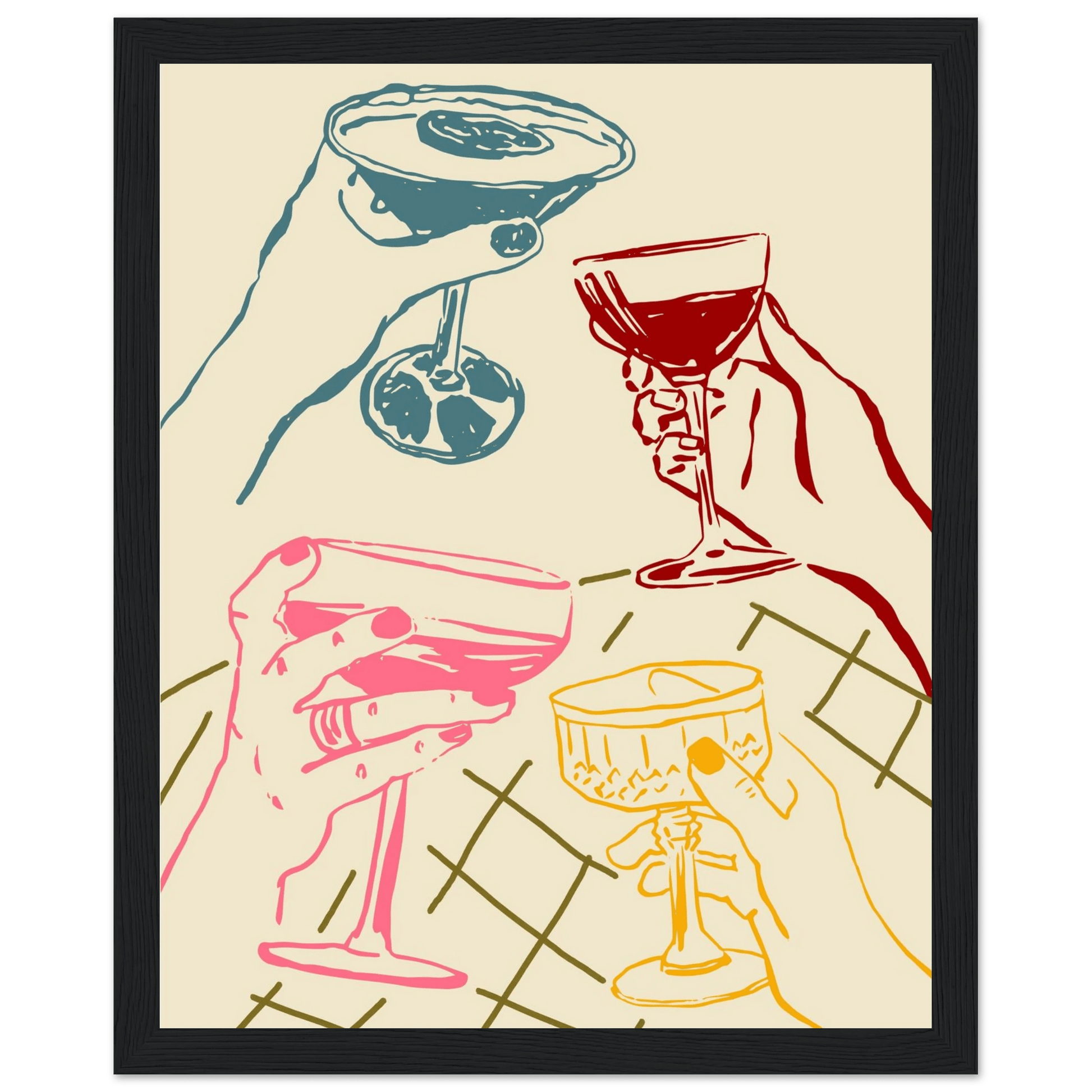 Cheers Print | Colourful Cocktail Glasses Wall Art | Kitchen Bar Poster - Evergreen Posters