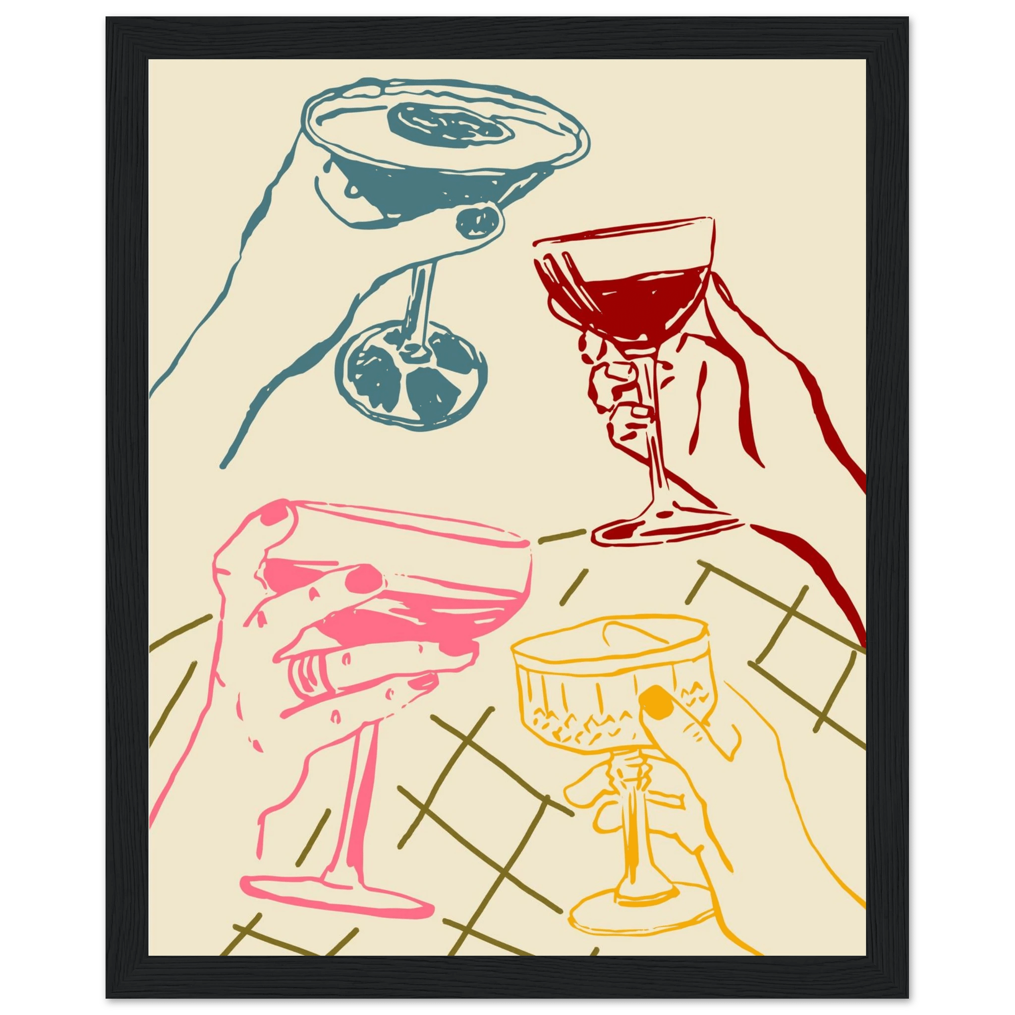 Cheers Print | Colourful Cocktail Glasses Wall Art | Kitchen Bar Poster - Evergreen Posters