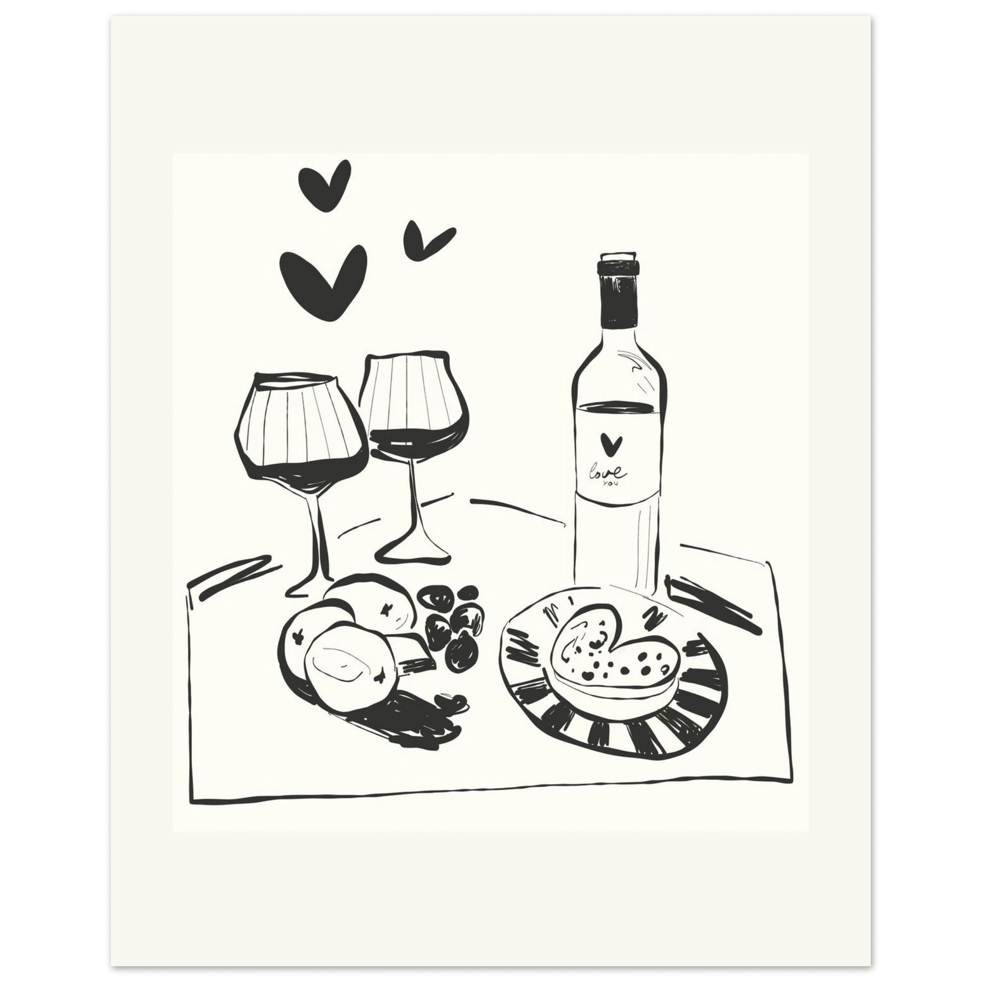 Wine for Two Print | Black Line Art Romantic Kitchen Wall Art | Couples Poster - Evergreen Posters