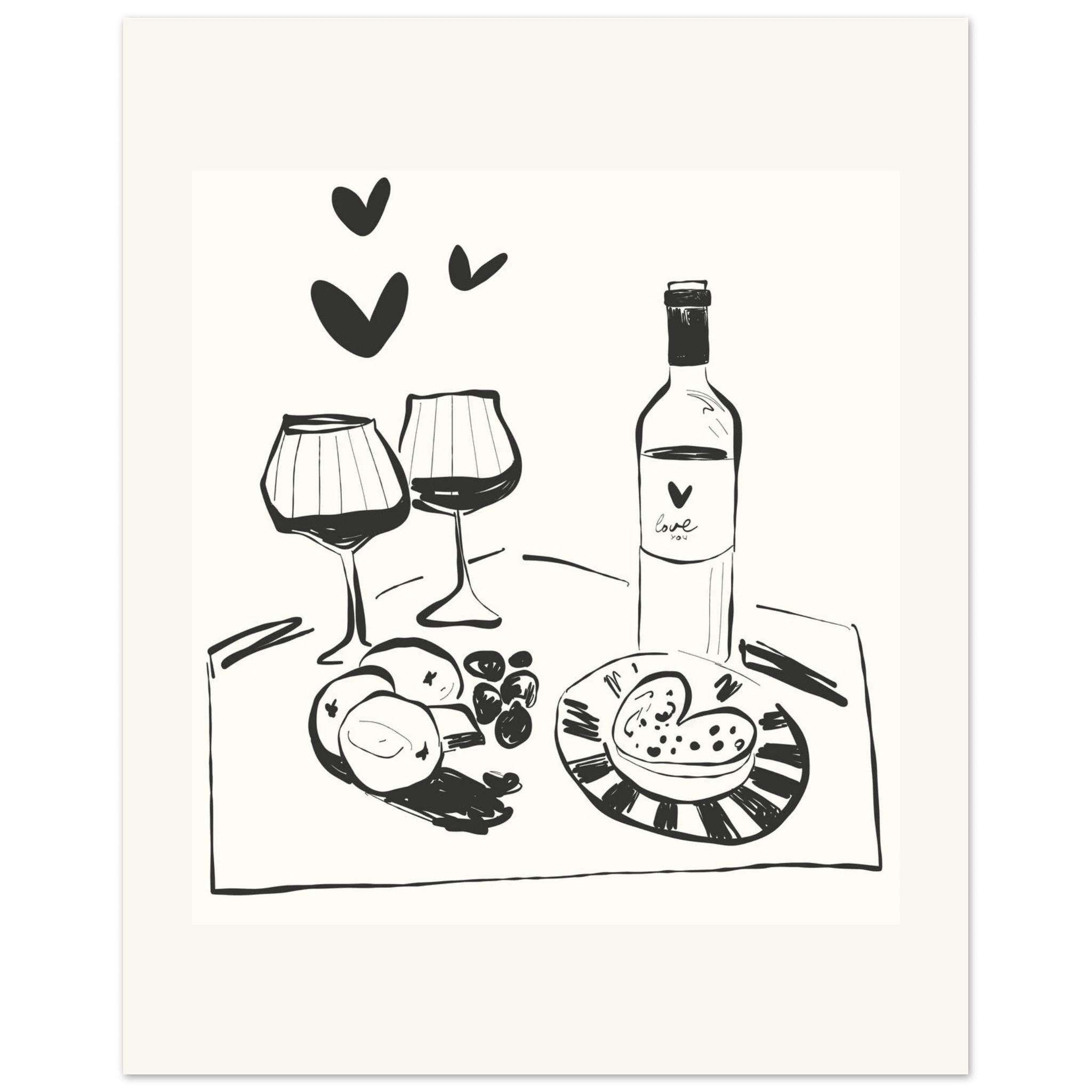 Wine for Two Print | Black Line Art Romantic Kitchen Wall Art | Couples Poster - Evergreen Posters