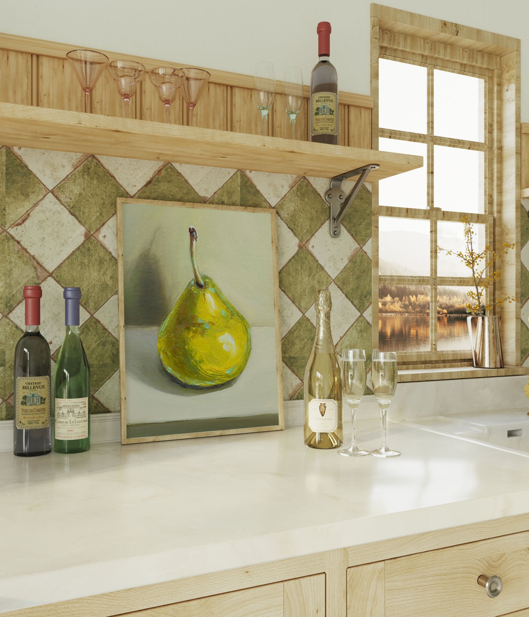 Pear Print | Green Pear Oil Painting Wall Art | Kitchen Poster - Evergreen Posters