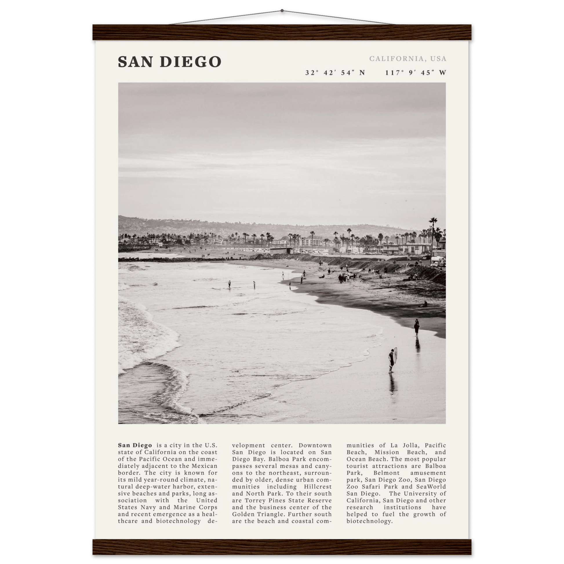 San Diego Poster | Black & White California Beach Wall Art | Coastal Travel Print Decor - Evergreen Posters