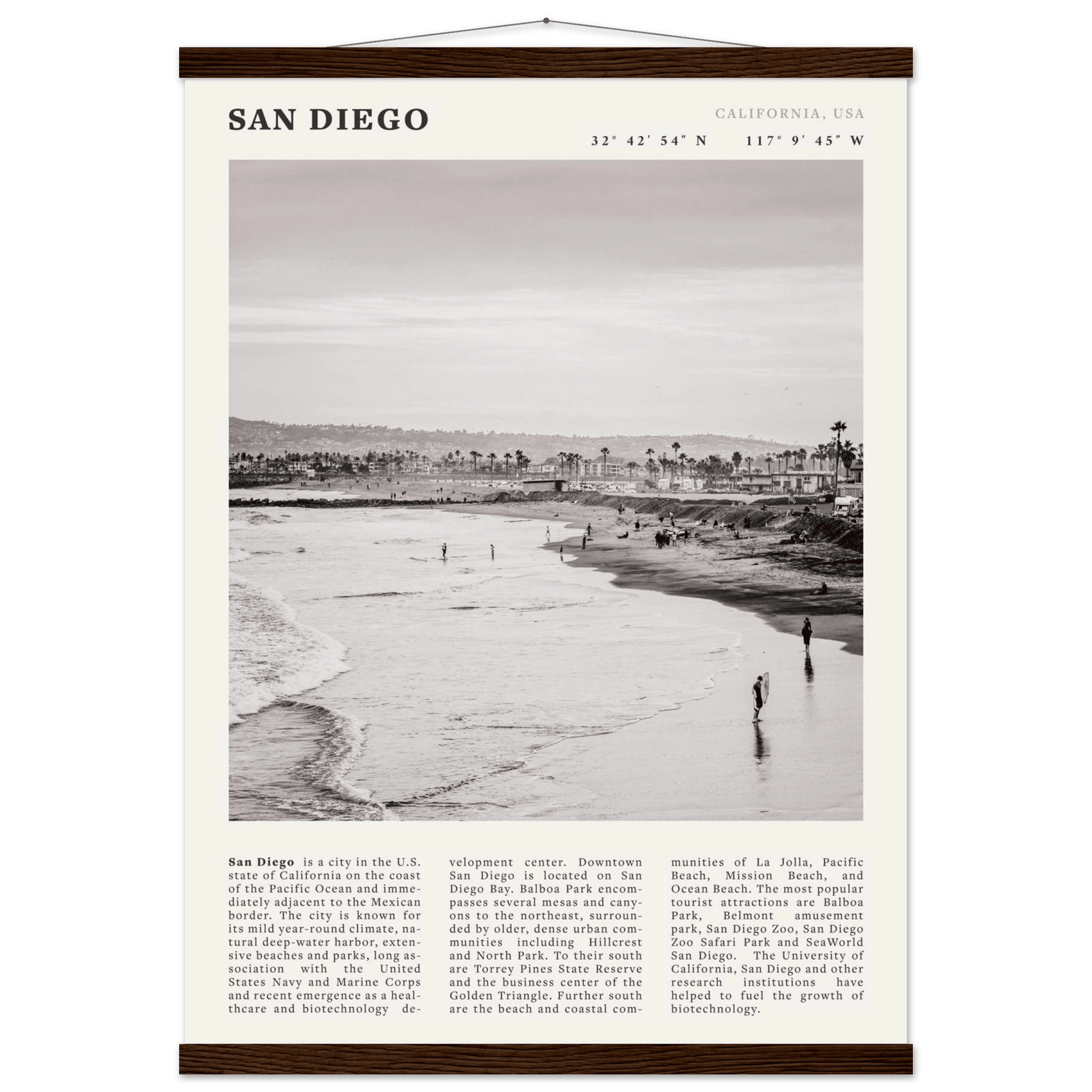 San Diego Poster | Black & White California Beach Wall Art | Coastal Travel Print Decor - Evergreen Posters