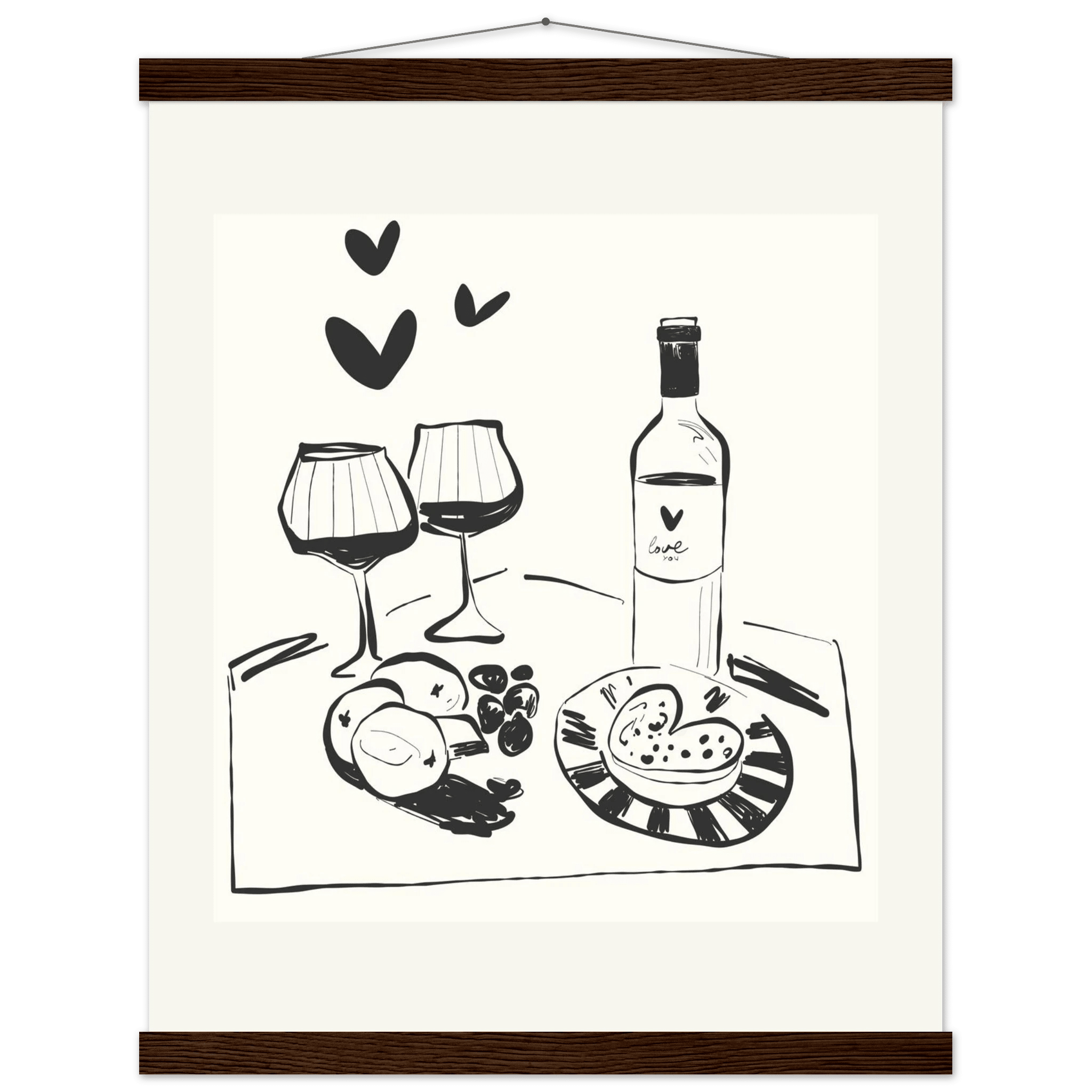 Wine for Two Print | Black Line Art Romantic Kitchen Wall Art | Couples Poster - Evergreen Posters