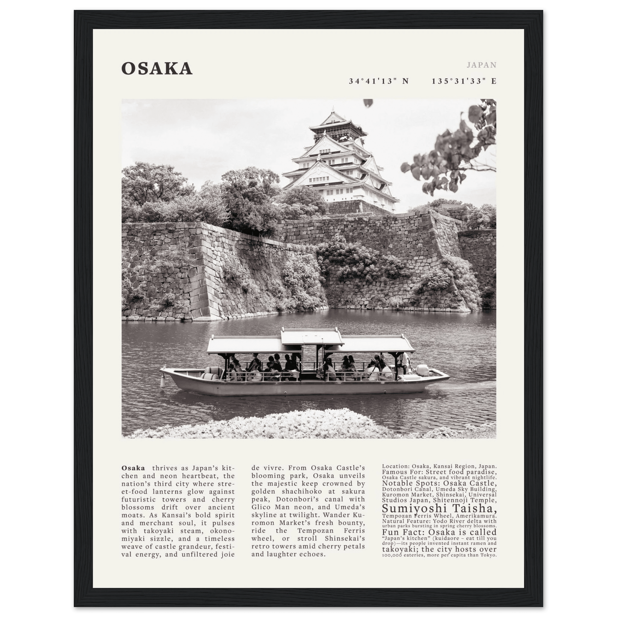 Osaka Poster Black and White – Vintage Osaka Castle Cherry Blossom Print (Digital & Printed Options) - Evergreen Posters