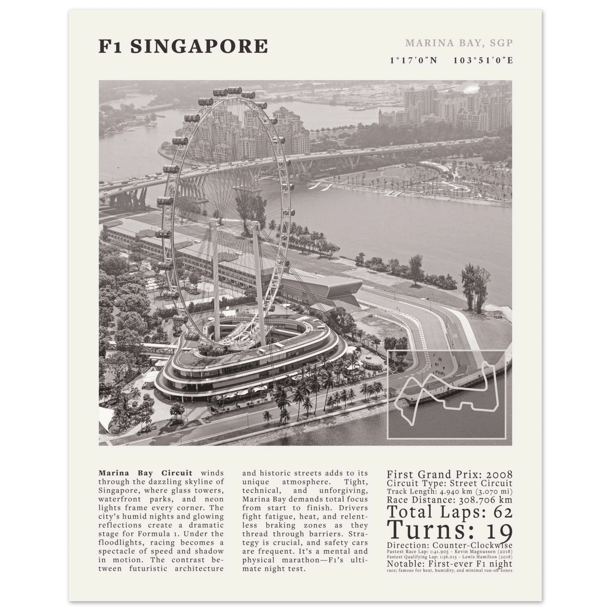 F1 Singapore Poster Black and White – Vintage Marina Bay Night Race Print (Digital & Printed Options) - Evergreen Posters