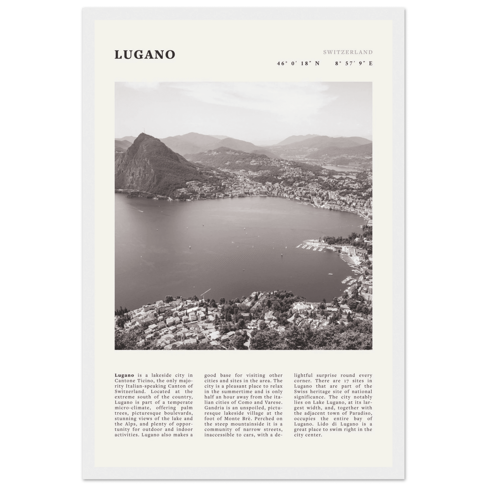 Lugano Poster | Black & White Swiss Lake Wall Art | Switzerland Travel Print - Evergreen Posters