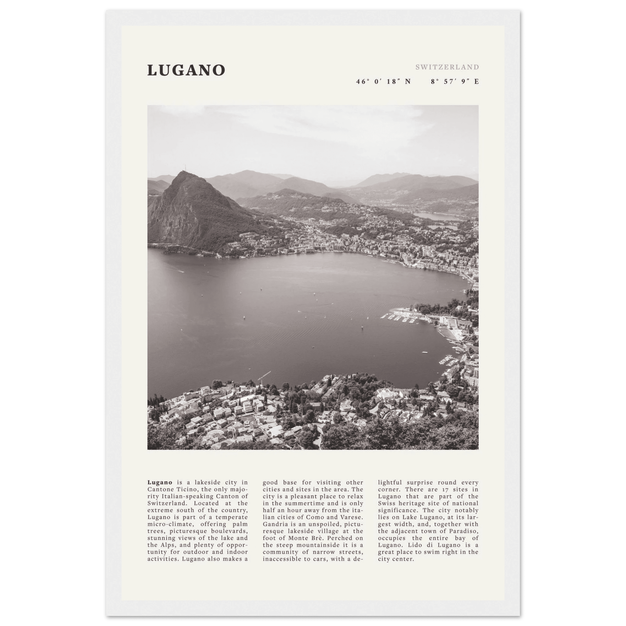 Lugano Poster | Black & White Swiss Lake Wall Art | Switzerland Travel Print - Evergreen Posters
