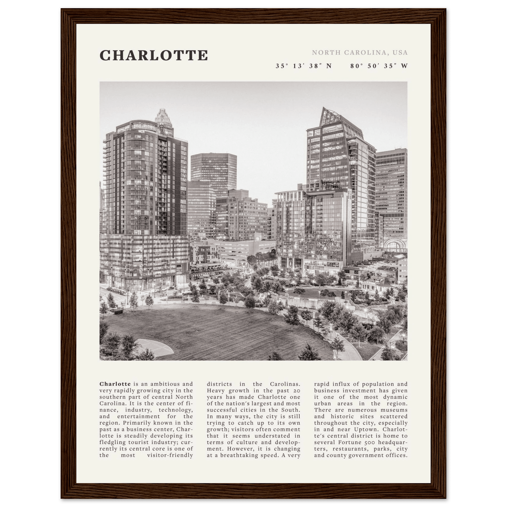 Charlotte Poster | Black & White North Carolina Skyline Wall Art | NC Travel Print - Evergreen Posters