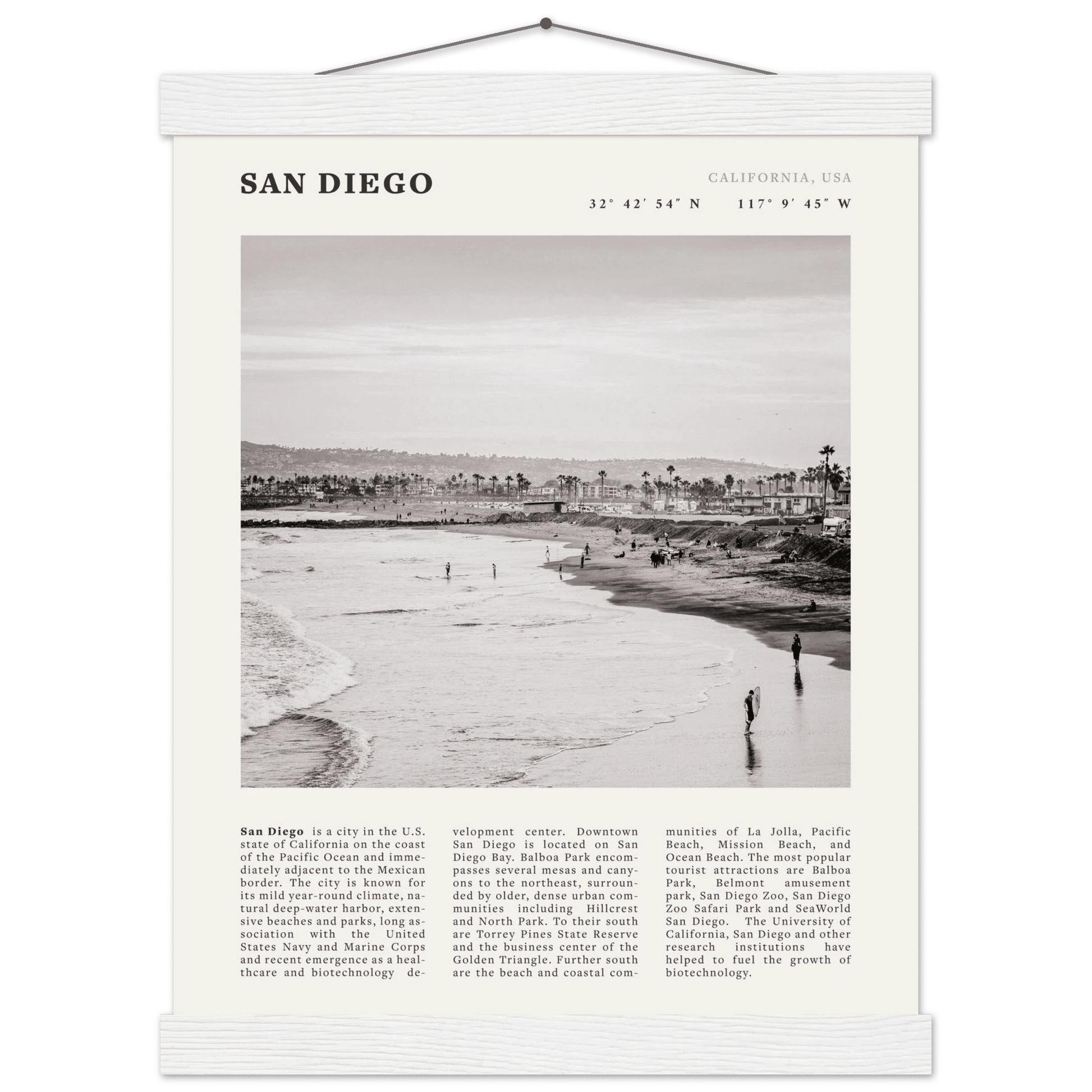 San Diego Poster | Black & White California Beach Wall Art | Coastal Travel Print Decor - Evergreen Posters