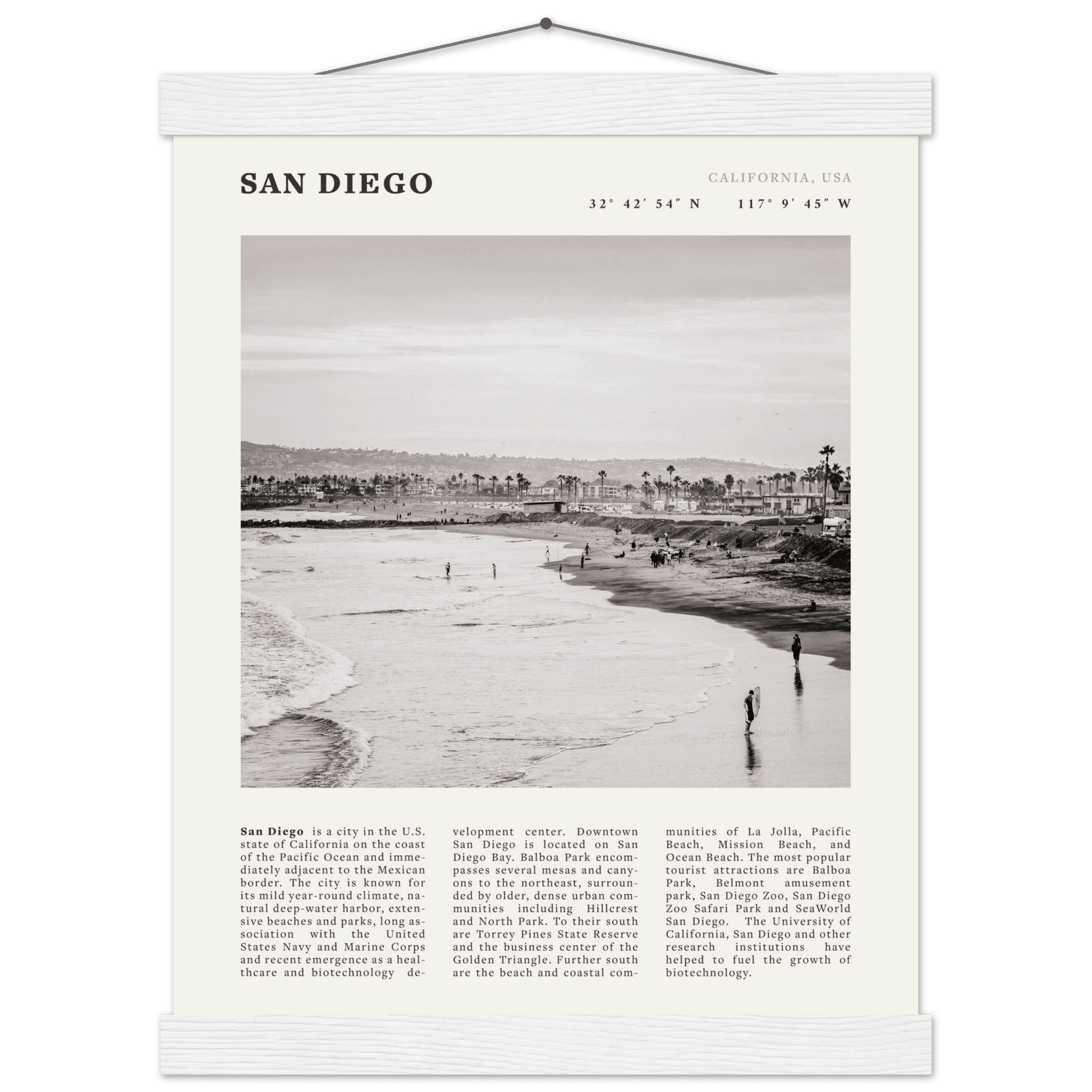 San Diego Poster | Black & White California Beach Wall Art | Coastal Travel Print Decor - Evergreen Posters