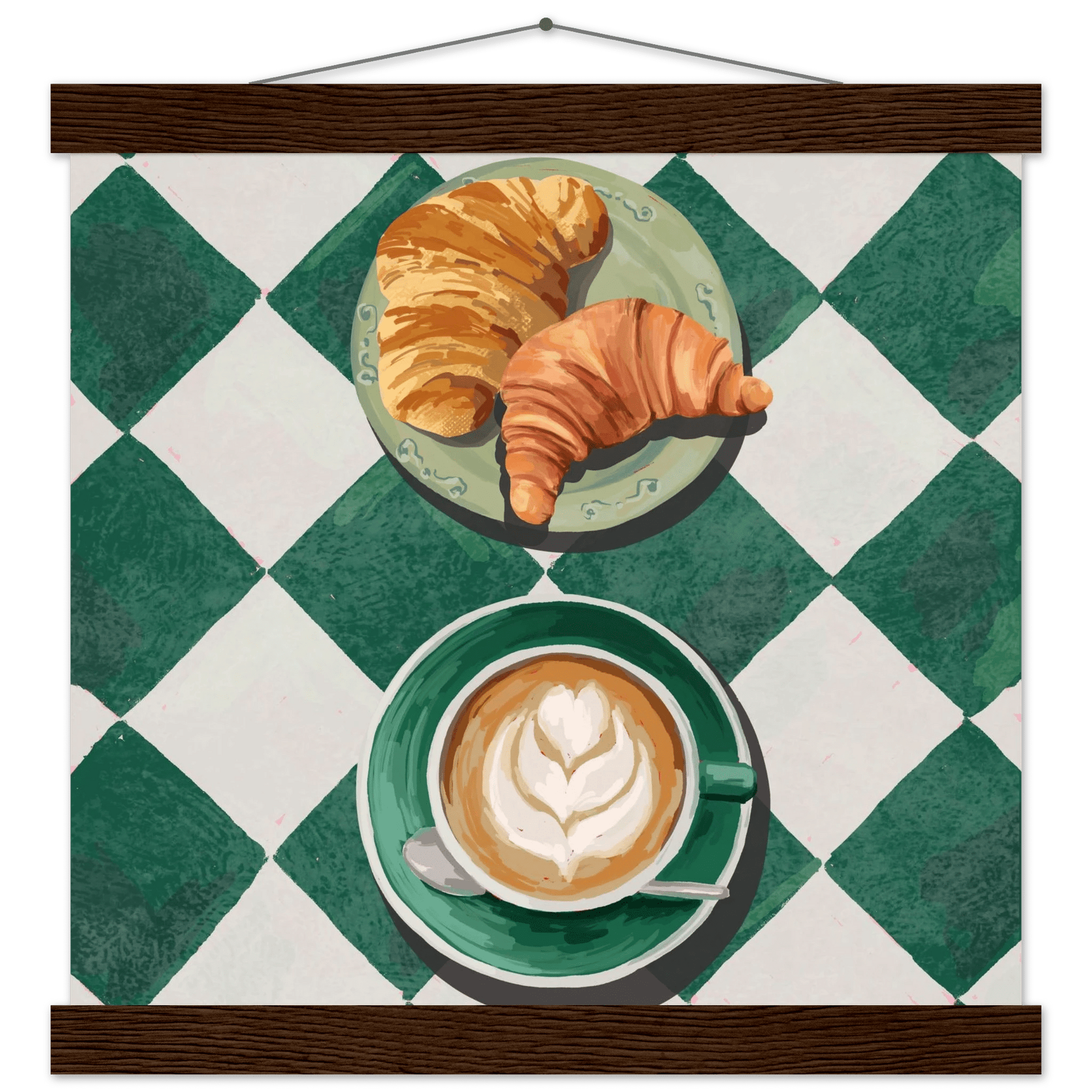 Croissant & Latte Poster | Classic Kitchen Wall Art | Green Tile Square Breakfast Print - Evergreen Posters - 19