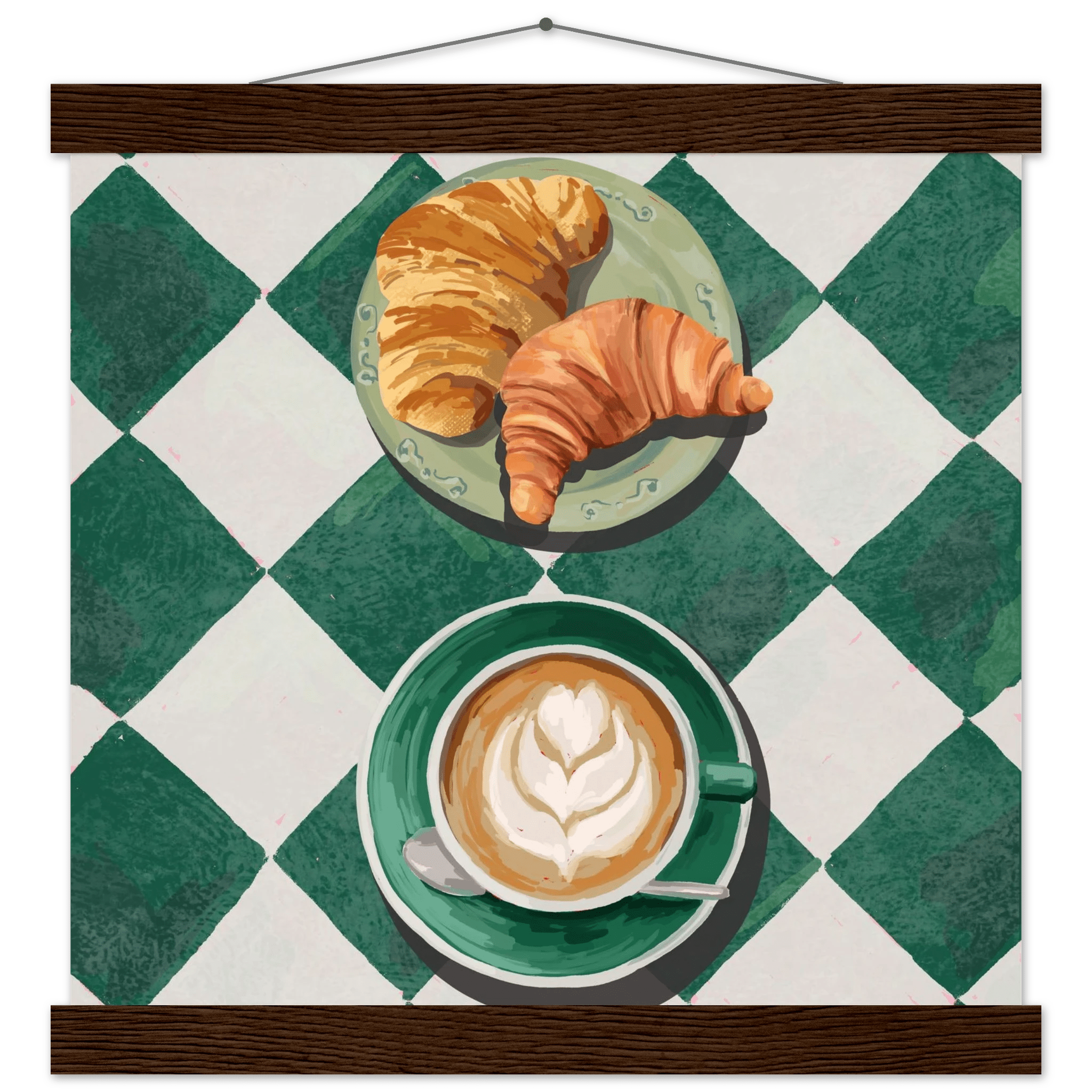 Croissant & Latte Poster | Classic Kitchen Wall Art | Green Tile Square Breakfast Print - Evergreen Posters - 19