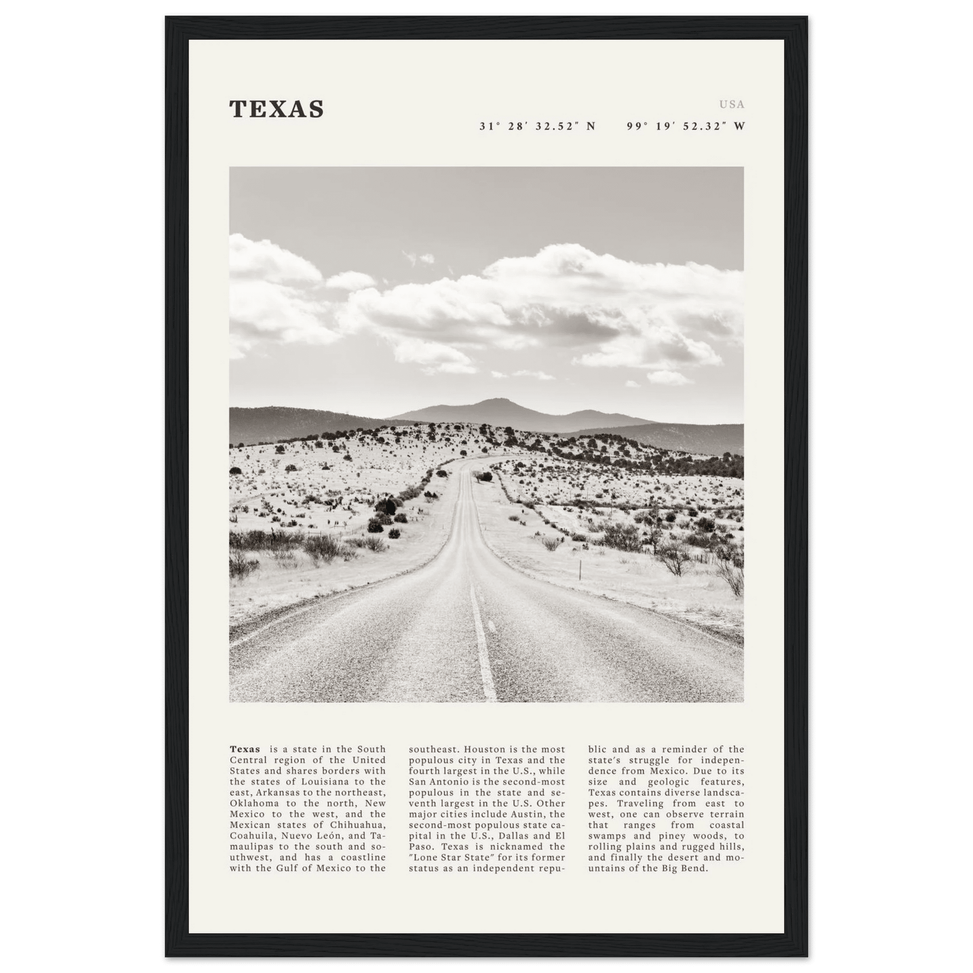 Texas Poster | Black & White Lone Star Road Wall Art | USA Travel Print Decor - Evergreen Posters