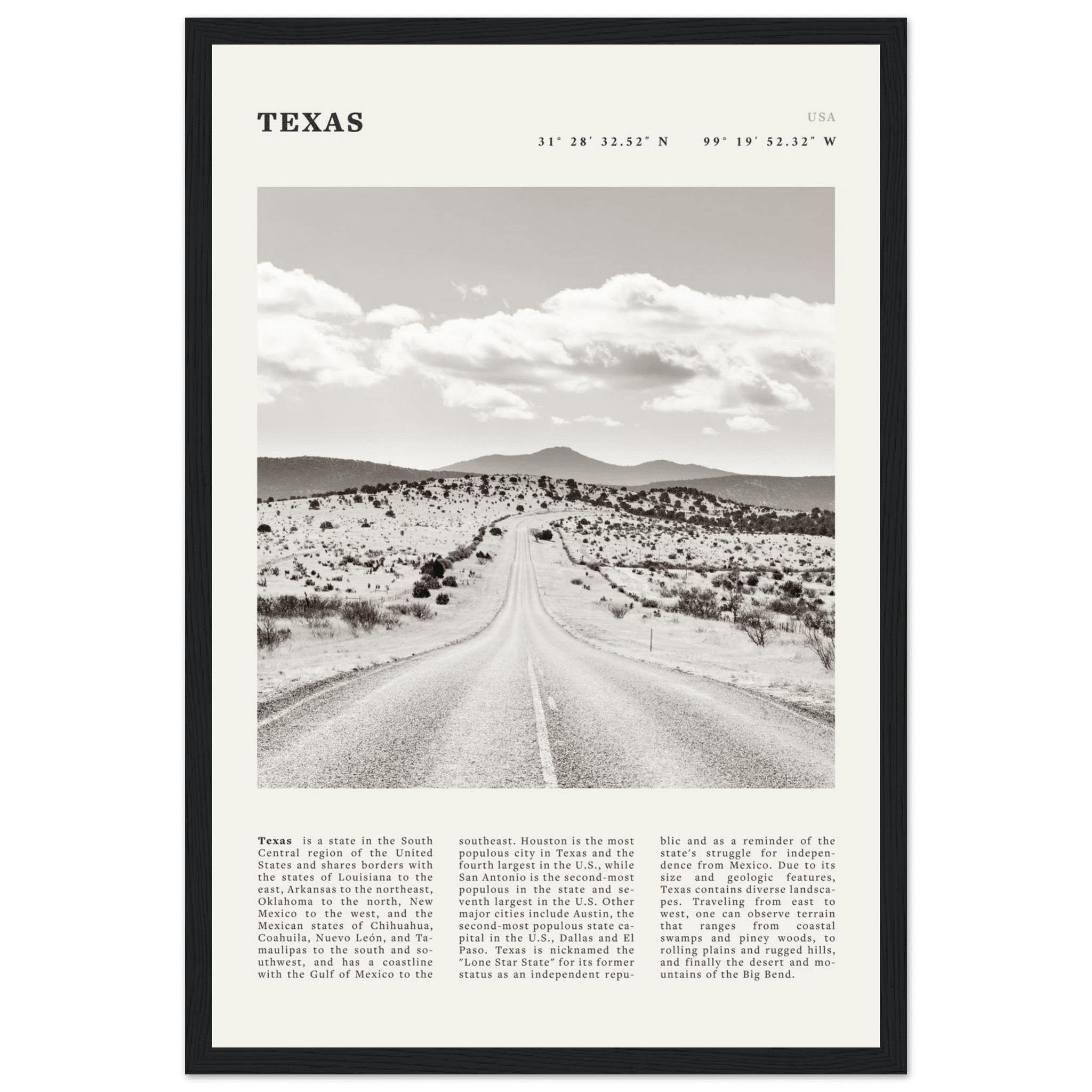 Texas Poster | Black & White Lone Star Road Wall Art | USA Travel Print Decor - Evergreen Posters