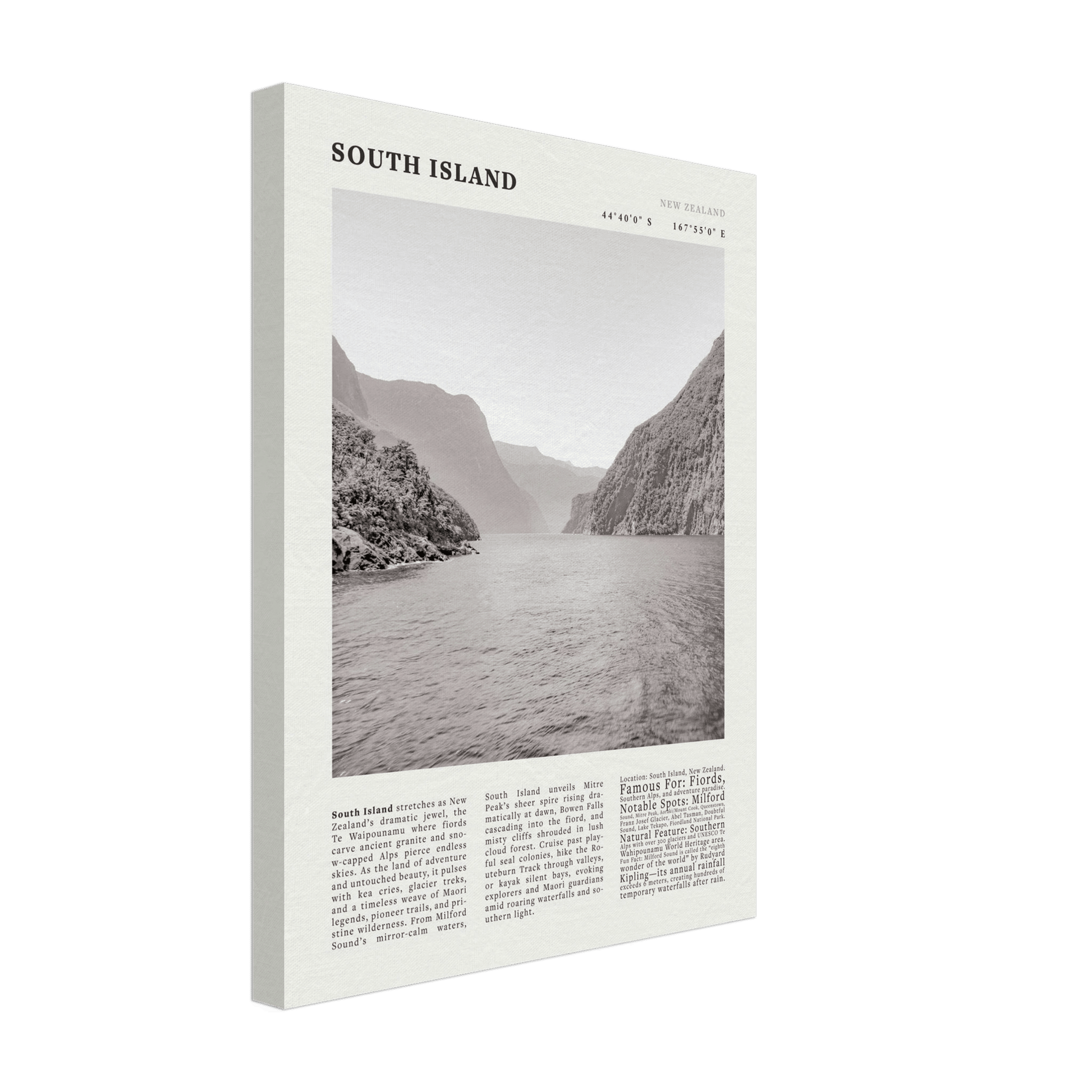 South Island New Zealand Poster Black and White – Vintage Milford Sound Fjord Print - Evergreen Posters