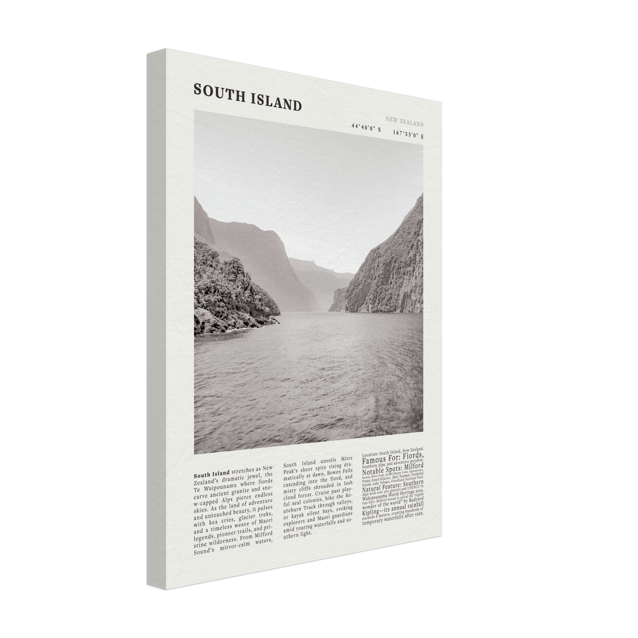 South Island New Zealand Poster Black and White – Vintage Milford Sound Fjord Print - Evergreen Posters