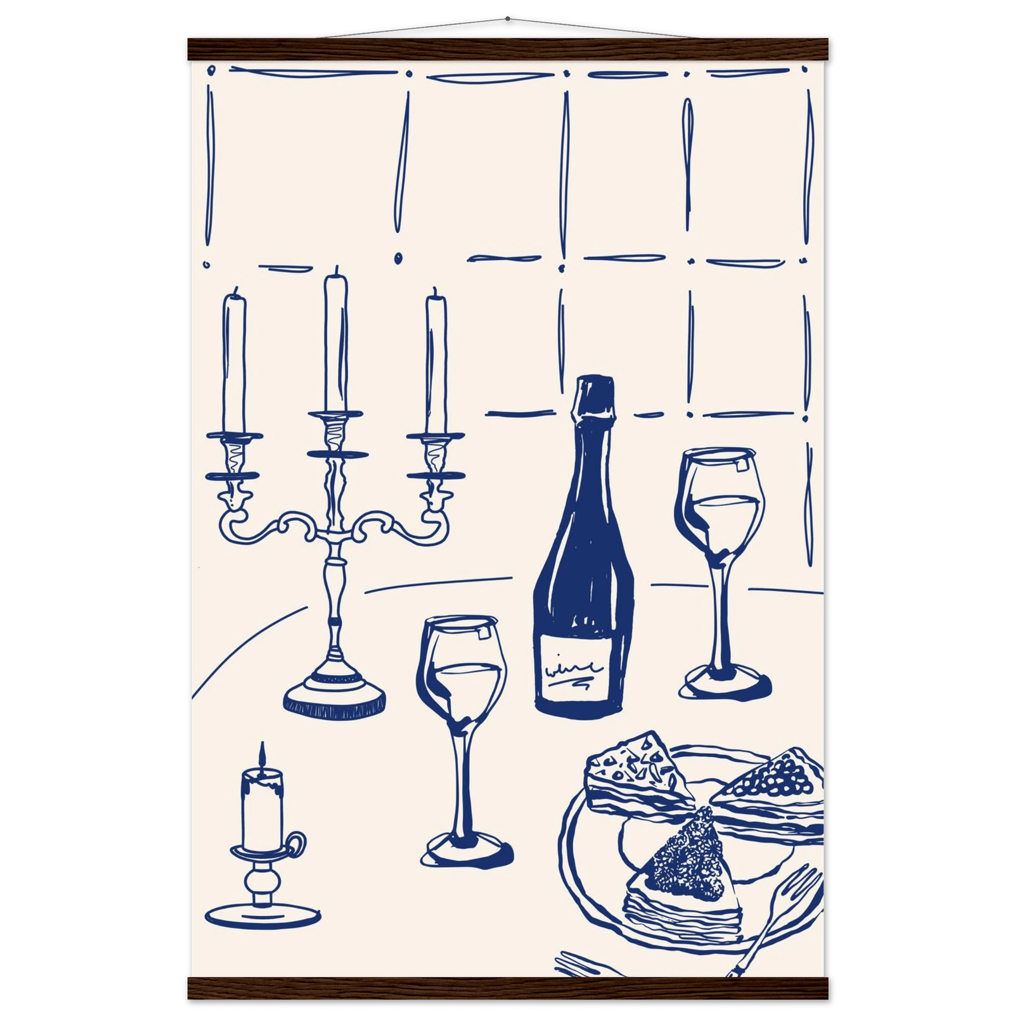 Candlelight Dinner Print | Navy Blue Wine & Candelabra Line Art | Kitchen Poster - Evergreen Posters