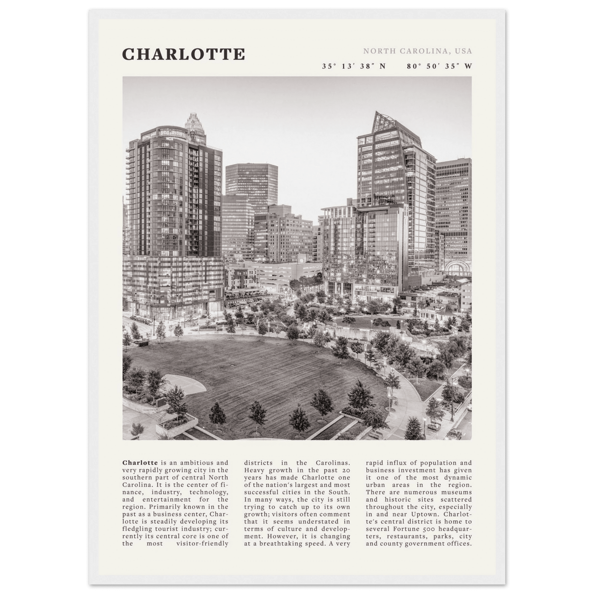 Charlotte Poster | Black & White North Carolina Skyline Wall Art | NC Travel Print - Evergreen Posters