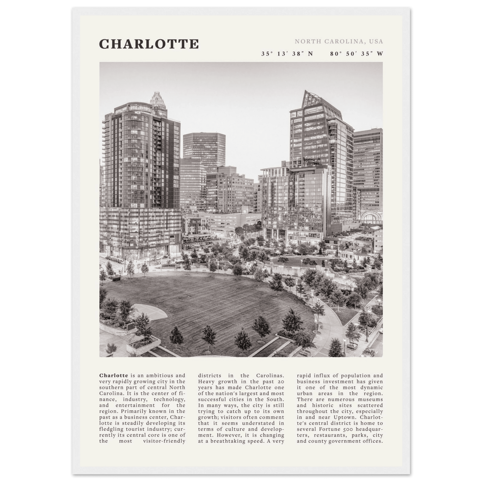 Charlotte Poster | Black & White North Carolina Skyline Wall Art | NC Travel Print - Evergreen Posters